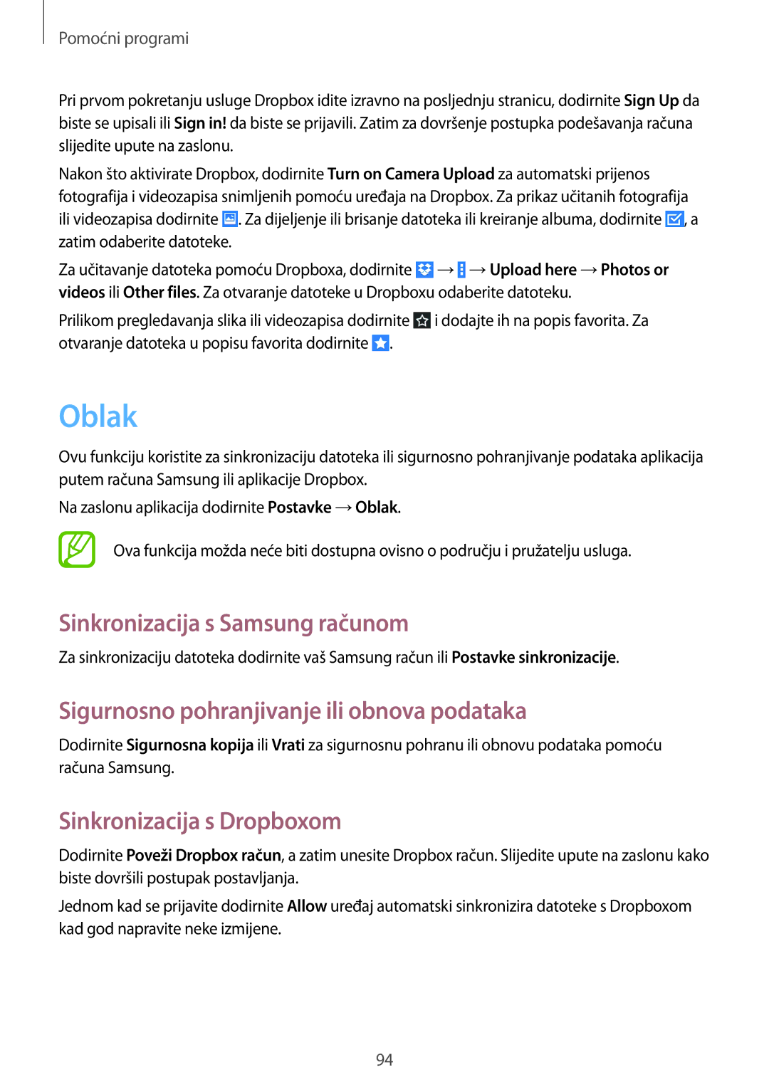 Samsung GT-N8020EAAVIP manual Oblak, Sinkronizacija s Samsung računom, Sigurnosno pohranjivanje ili obnova podataka 