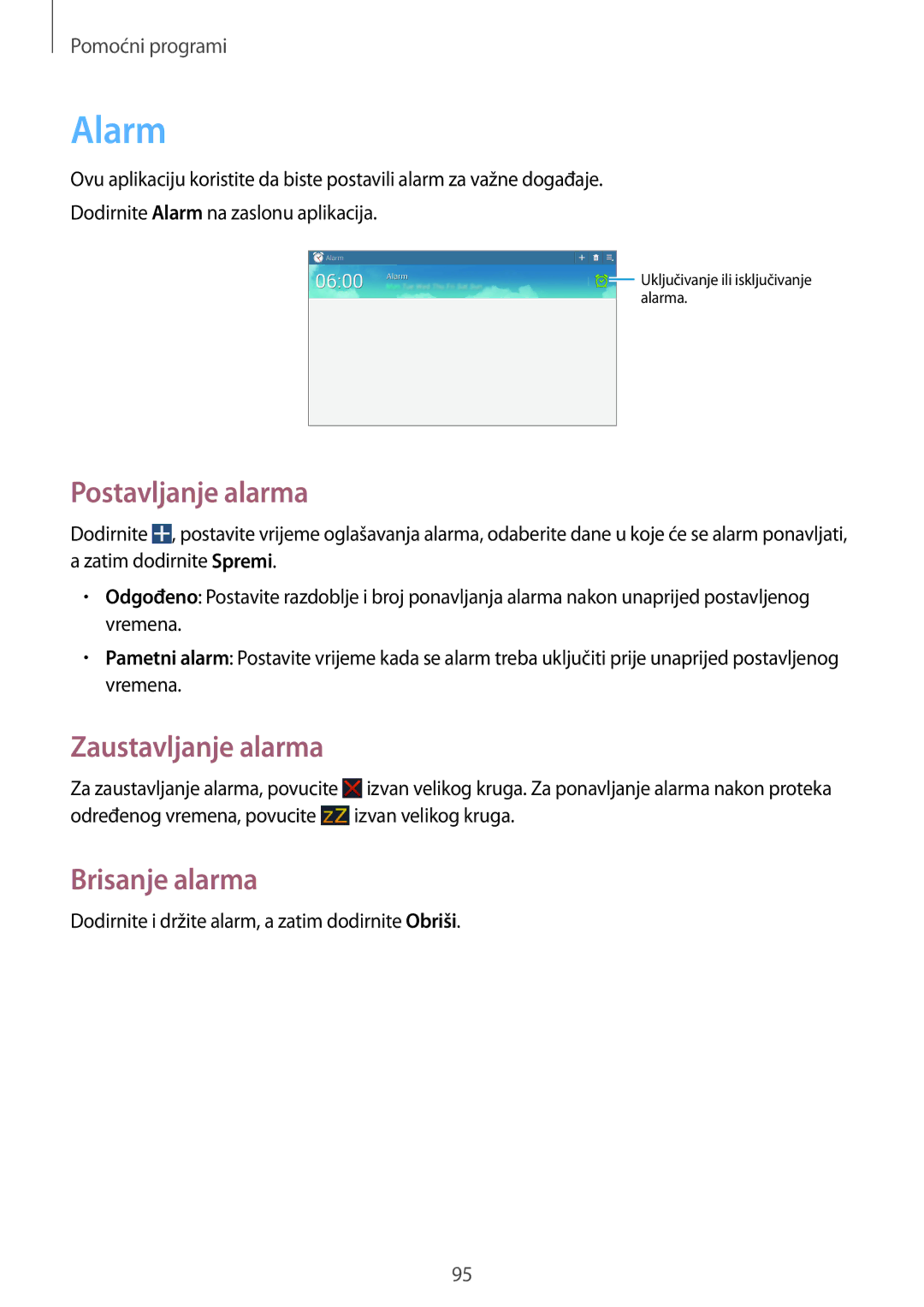 Samsung GT-N8020EAACRO, GT-N8020EAAVIP manual Alarm, Postavljanje alarma, Zaustavljanje alarma, Brisanje alarma 