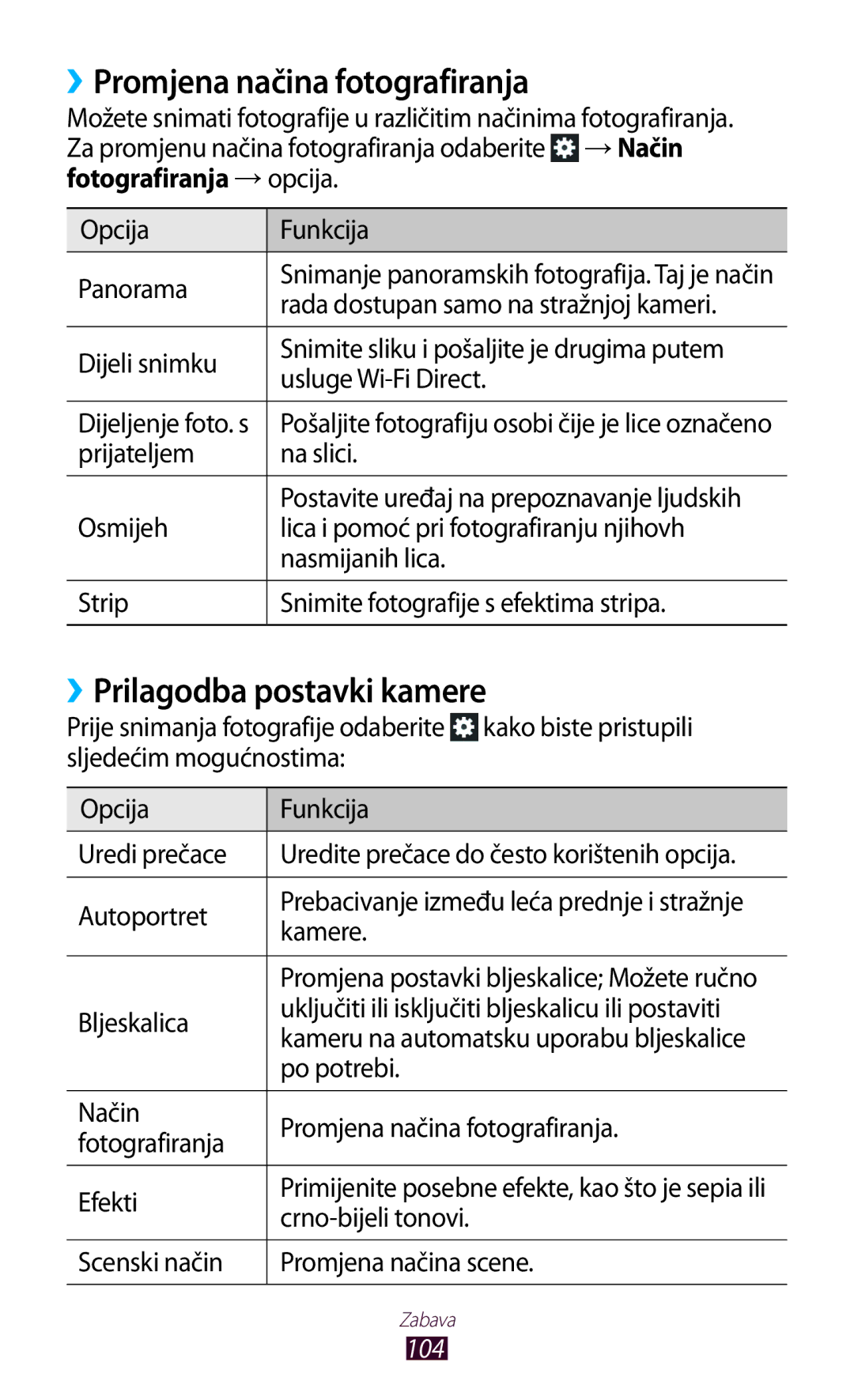 Samsung GT-N8020EAAVIP, GT-N8020EAACRO manual ››Promjena načina fotografiranja, ››Prilagodba postavki kamere, 104 