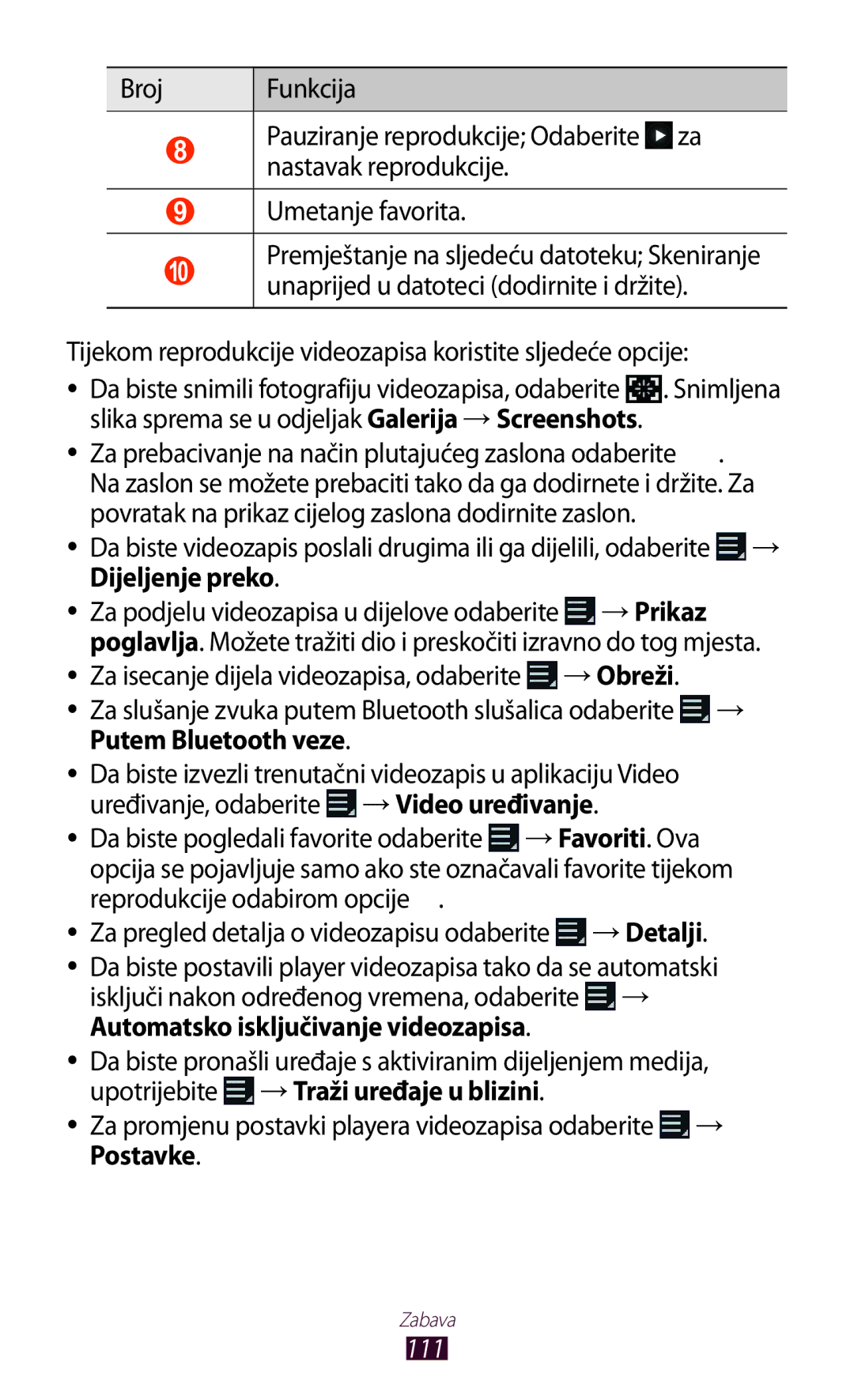 Samsung GT-N8020EAACRO, GT-N8020EAAVIP manual Dijeljenje preko, → Obreži, Automatsko isključivanje videozapisa, 111 