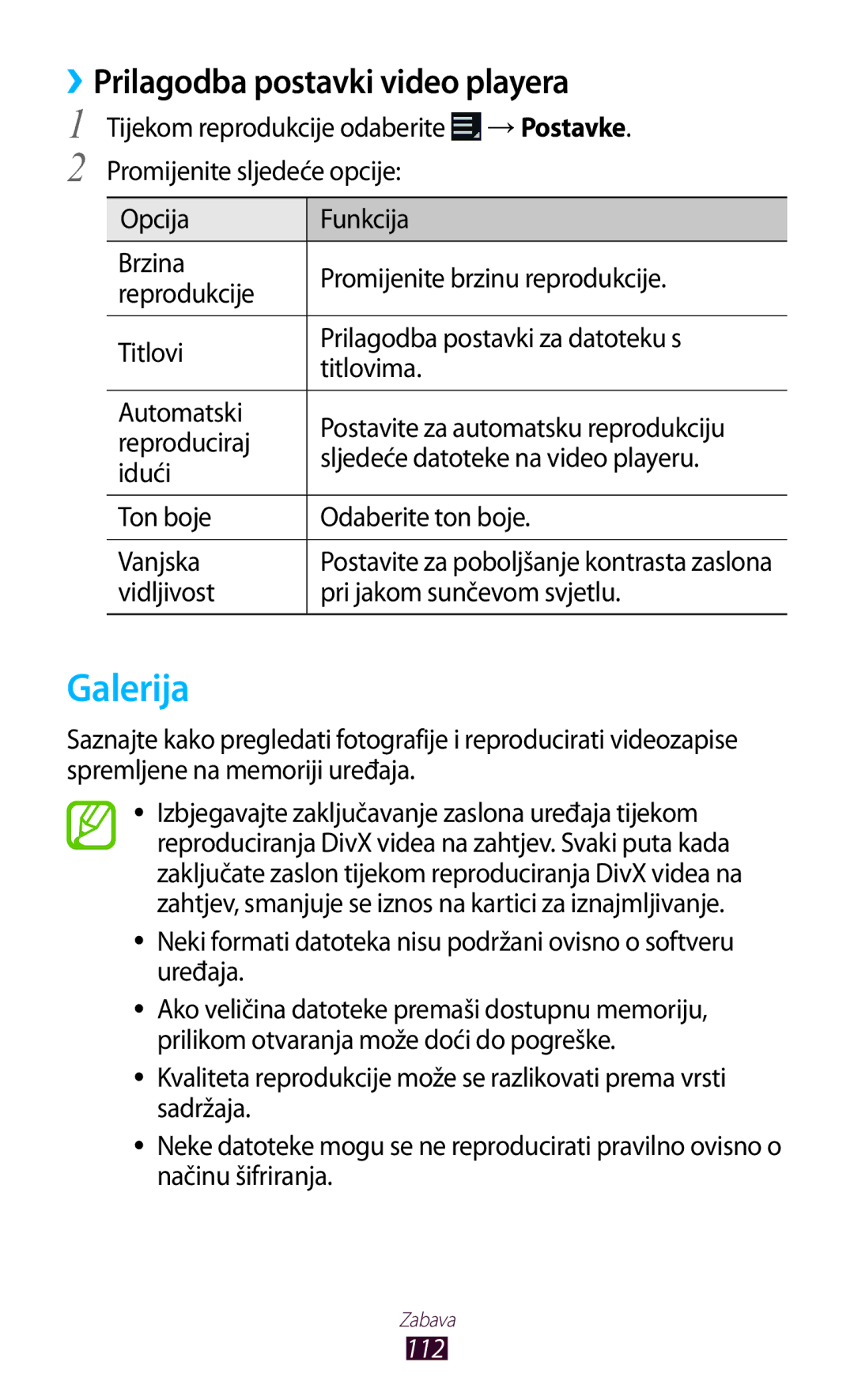 Samsung GT-N8020EAAVIP manual Galerija, ››Prilagodba postavki video playera, Vidljivost Pri jakom sunčevom svjetlu, 112 