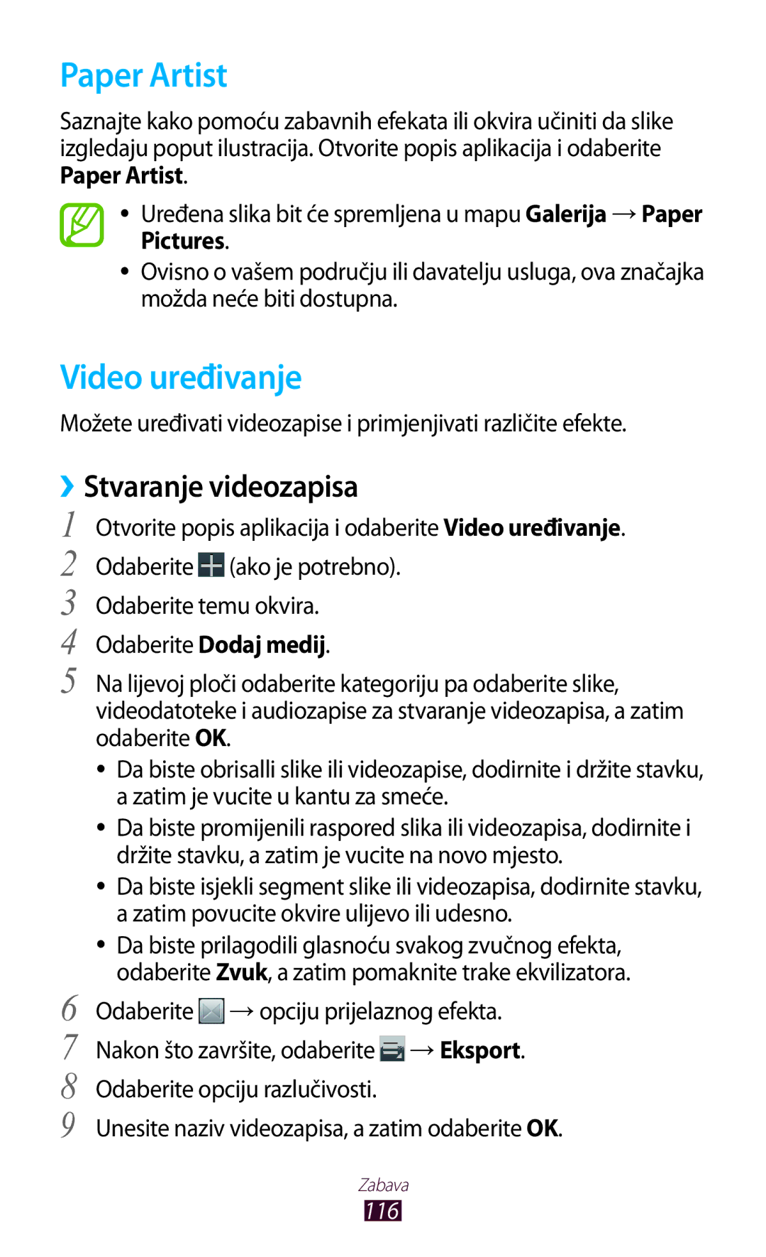 Samsung GT-N8020EAAVIP, GT-N8020EAACRO manual Paper Artist, Video uređivanje, Stvaranje videozapisa, 116 