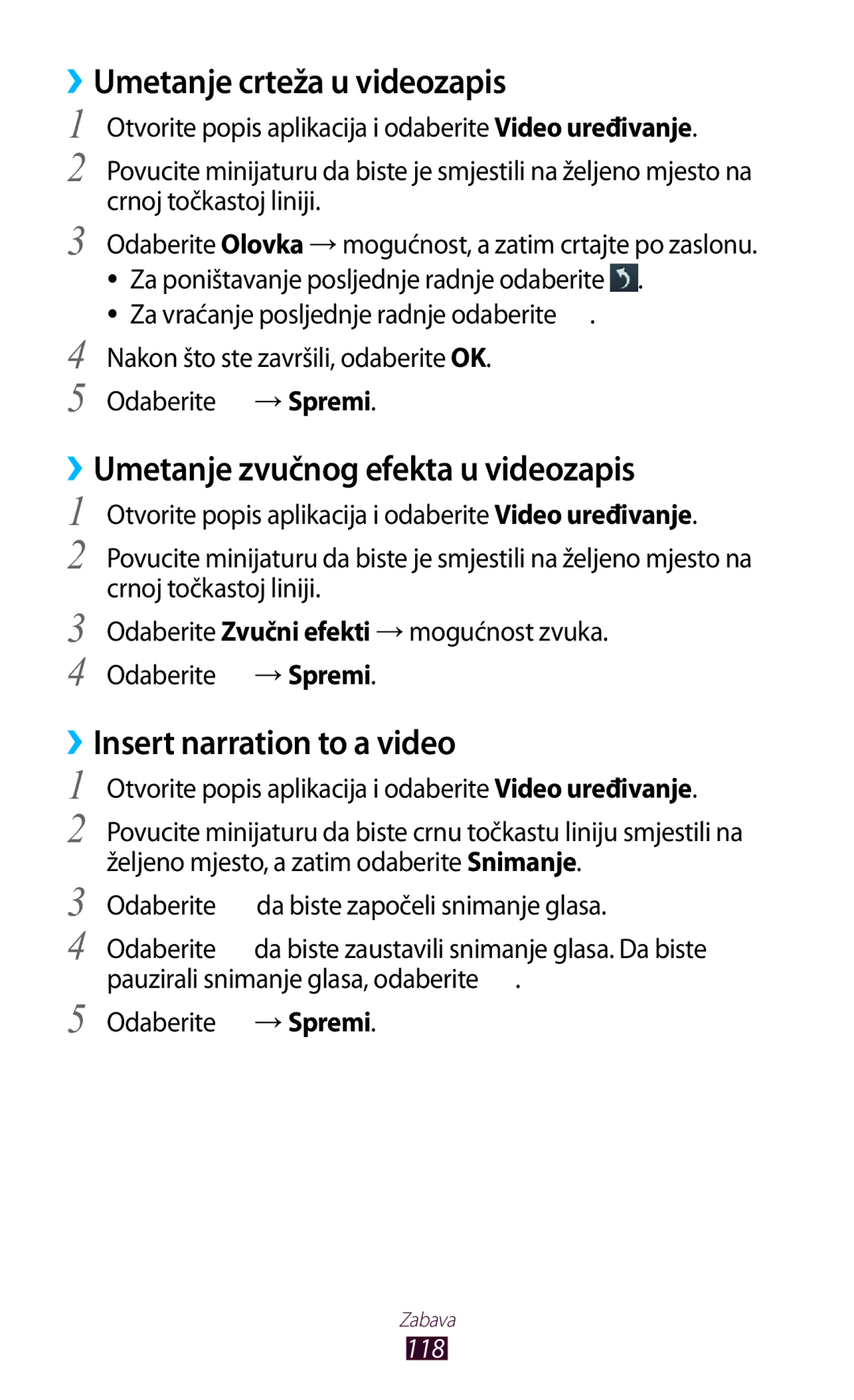 Samsung GT-N8020EAAVIP, GT-N8020EAACRO manual ››Umetanje crteža u videozapis, ››Umetanje zvučnog efekta u videozapis, 118 