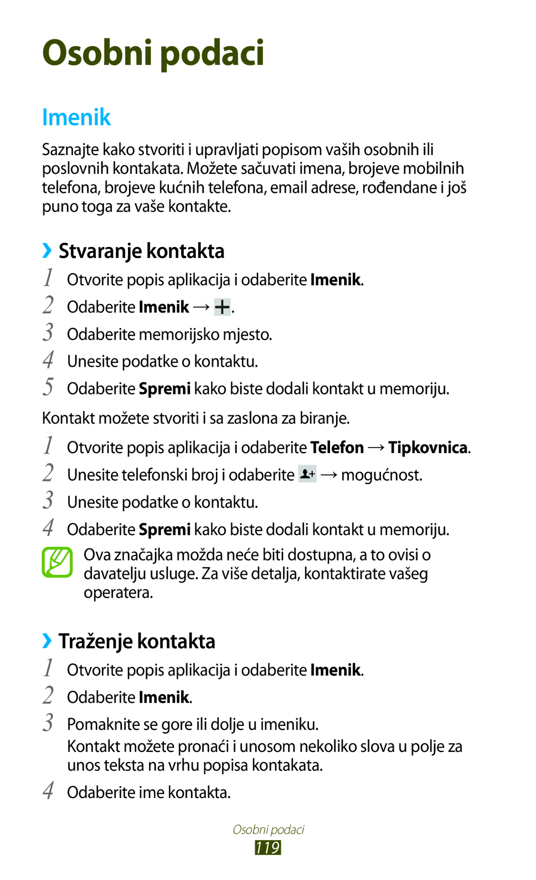 Samsung GT-N8020EAACRO, GT-N8020EAAVIP manual Imenik, ››Stvaranje kontakta, ››Traženje kontakta, 119 