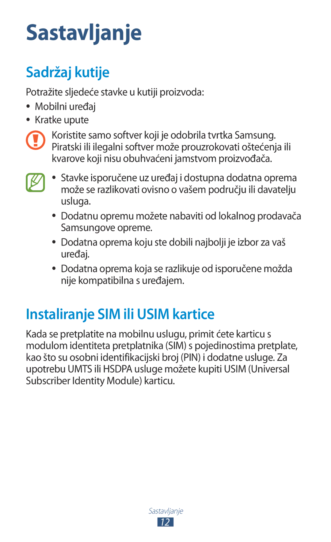 Samsung GT-N8020EAAVIP, GT-N8020EAACRO manual Sadržaj kutije, Instaliranje SIM ili Usim kartice 