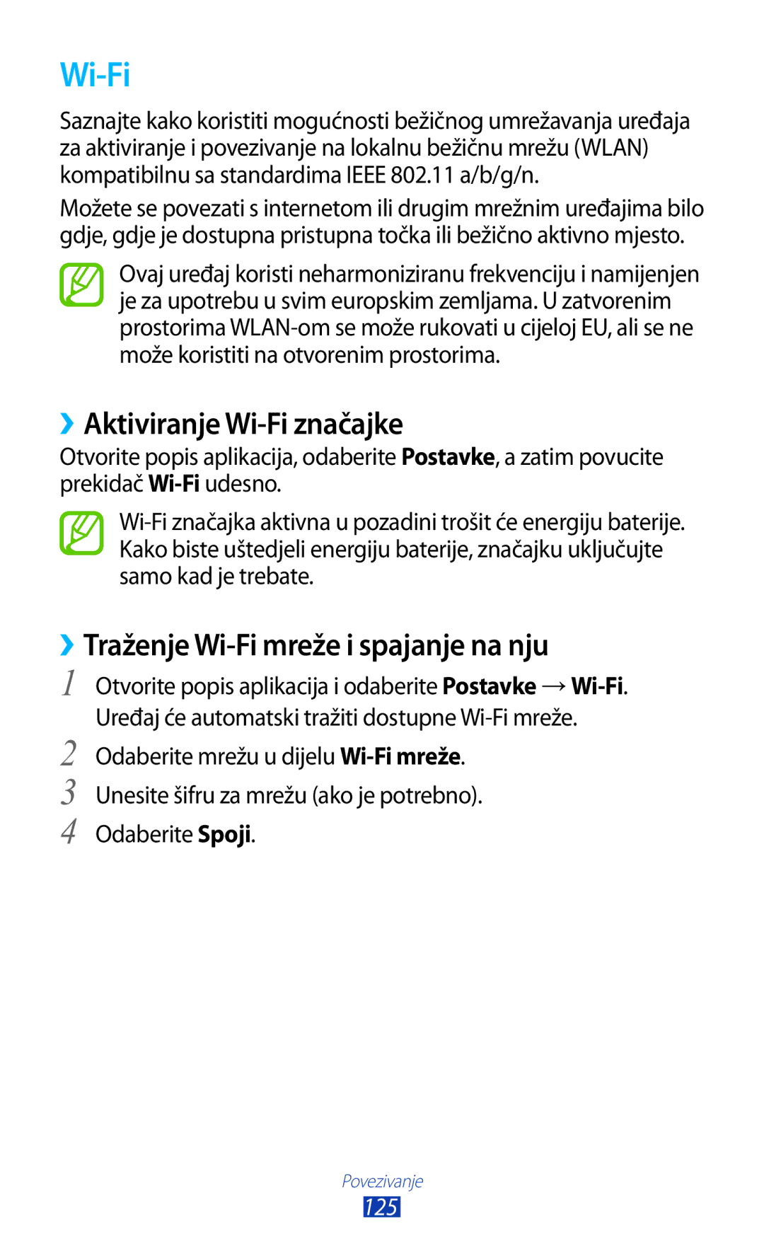 Samsung GT-N8020EAACRO, GT-N8020EAAVIP ››Aktiviranje Wi-Fi značajke, ››Traženje Wi-Fi mreže i spajanje na nju, 125 