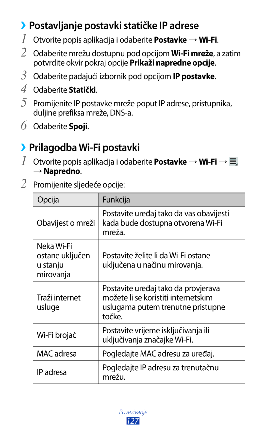 Samsung GT-N8020EAACRO manual ››Postavljanje postavki statičke IP adrese, ››Prilagodba Wi-Fi postavki, → Napredno, 127 