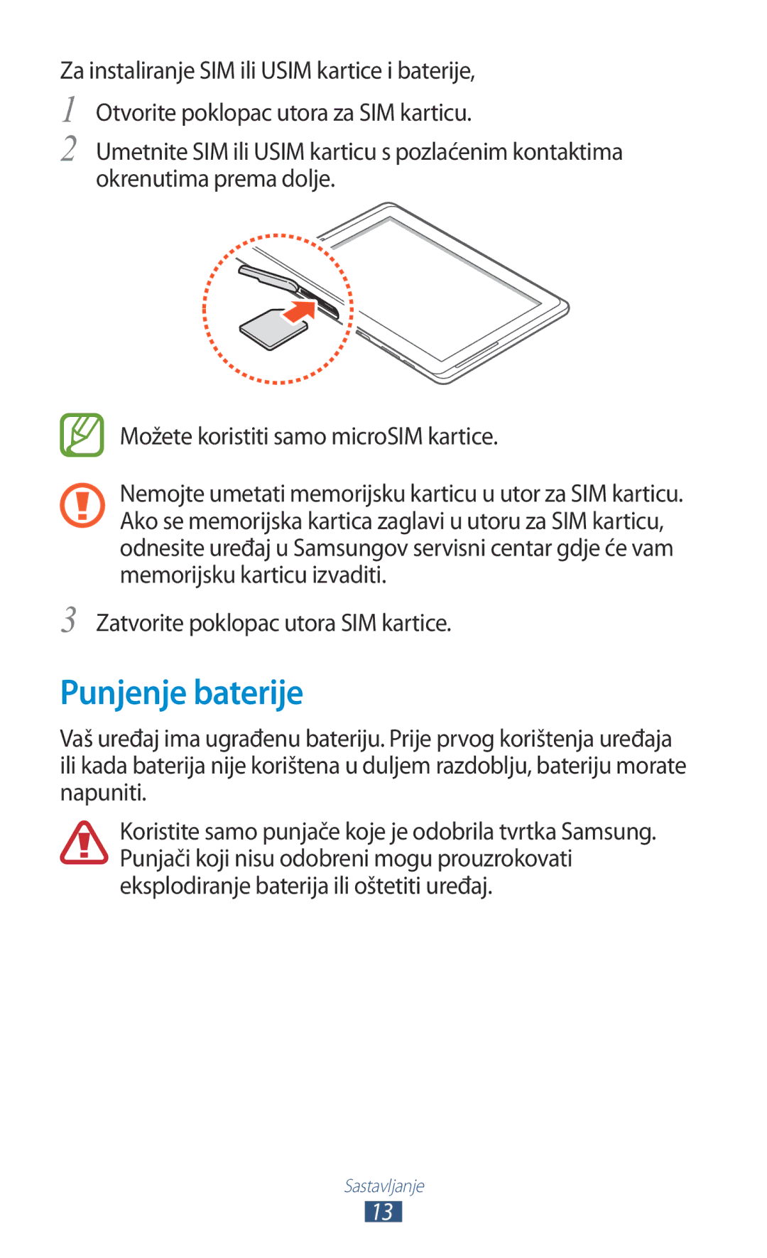 Samsung GT-N8020EAACRO, GT-N8020EAAVIP manual Punjenje baterije, Zatvorite poklopac utora SIM kartice 