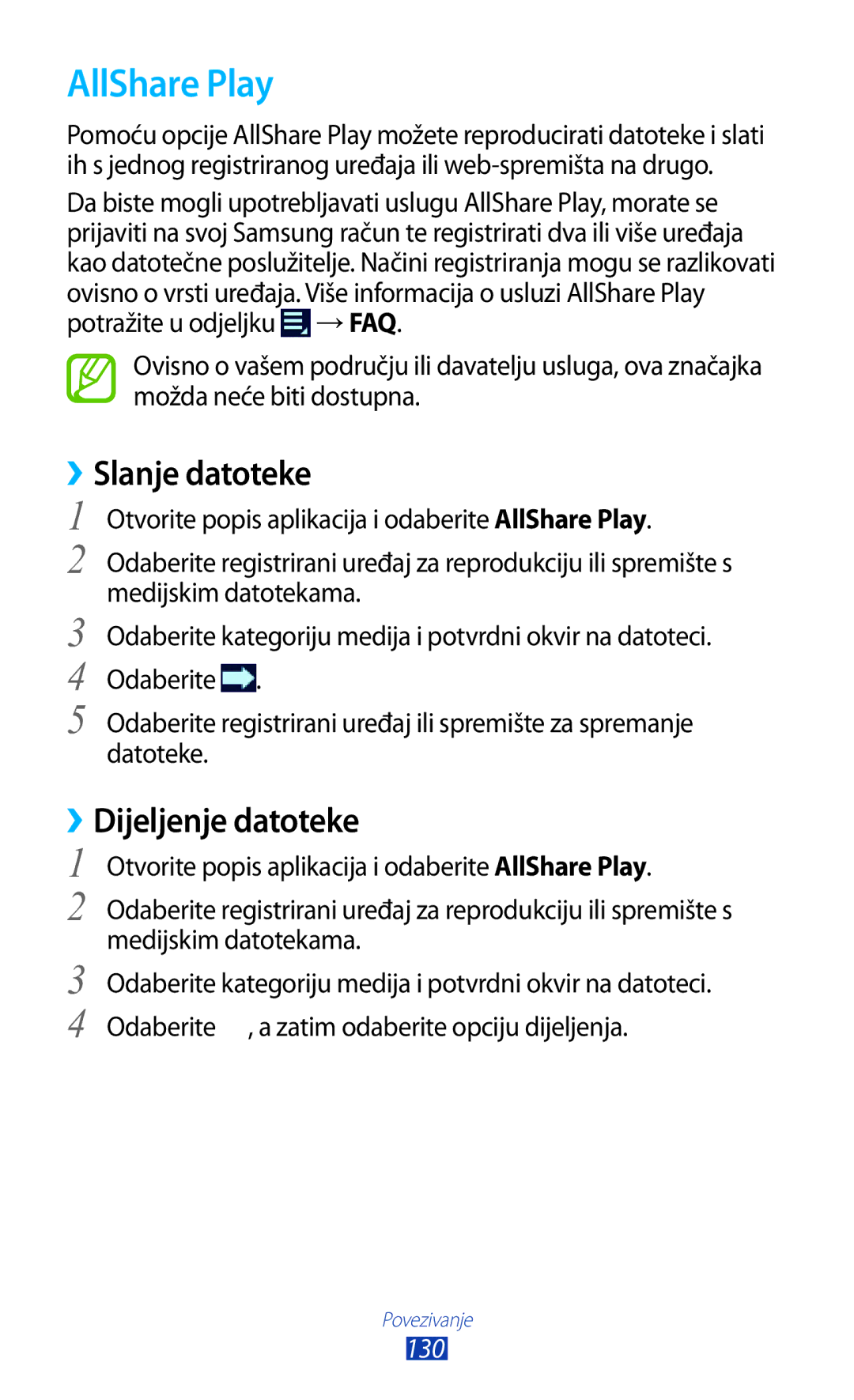 Samsung GT-N8020EAAVIP, GT-N8020EAACRO manual AllShare Play, ››Slanje datoteke, ››Dijeljenje datoteke, 130 