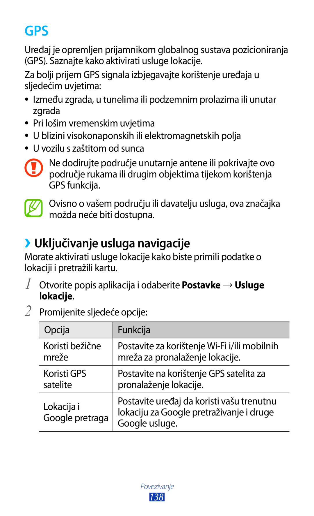 Samsung GT-N8020EAAVIP ››Uključivanje usluga navigacije, Mreže Mreža za pronalaženje lokacije Koristi GPS, Google usluge 