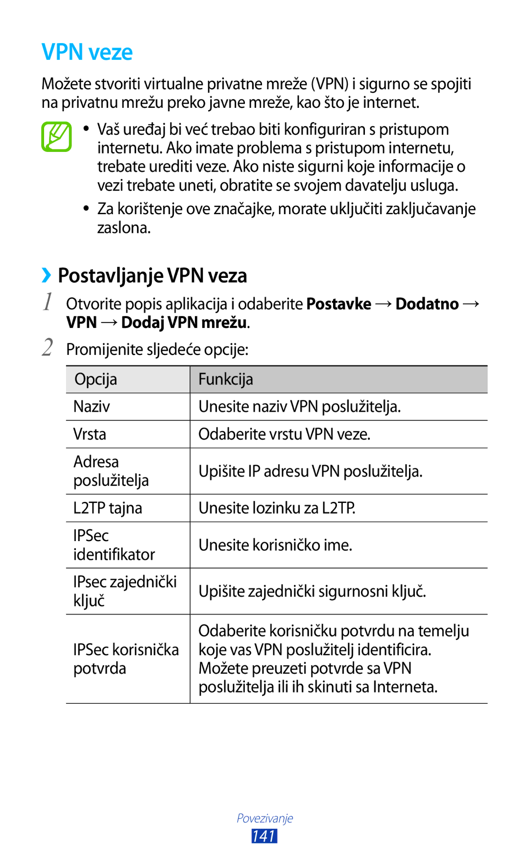 Samsung GT-N8020EAACRO, GT-N8020EAAVIP manual VPN veze, ››Postavljanje VPN veza, VPN → Dodaj VPN mrežu, 141 