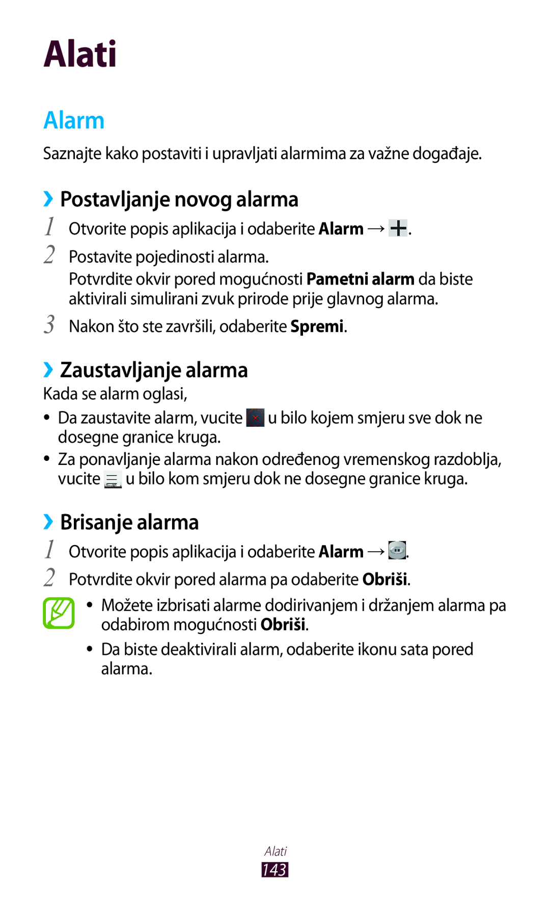 Samsung GT-N8020EAACRO, GT-N8020EAAVIP Alarm, ››Postavljanje novog alarma, ››Zaustavljanje alarma, ››Brisanje alarma, 143 