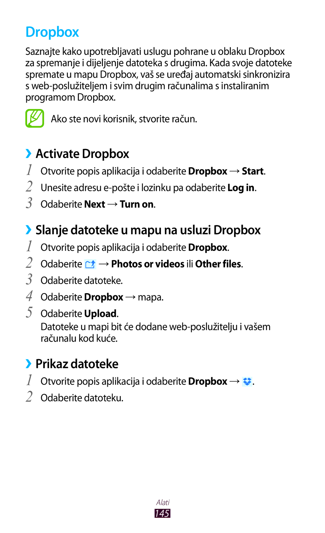 Samsung GT-N8020EAACRO manual ››Activate Dropbox, ››Slanje datoteke u mapu na usluzi Dropbox, ››Prikaz datoteke 