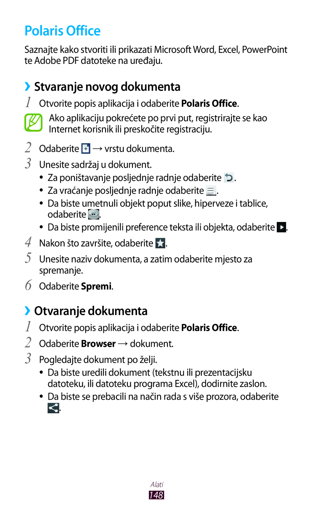 Samsung GT-N8020EAAVIP, GT-N8020EAACRO manual Polaris Office, ››Stvaranje novog dokumenta, ››Otvaranje dokumenta, 148 