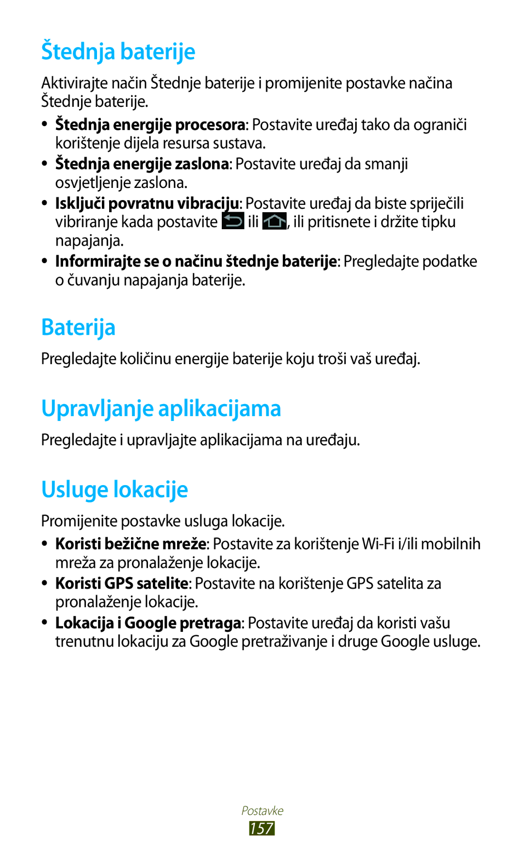 Samsung GT-N8020EAACRO, GT-N8020EAAVIP manual Štednja baterije, Baterija, Upravljanje aplikacijama, Usluge lokacije, 157 