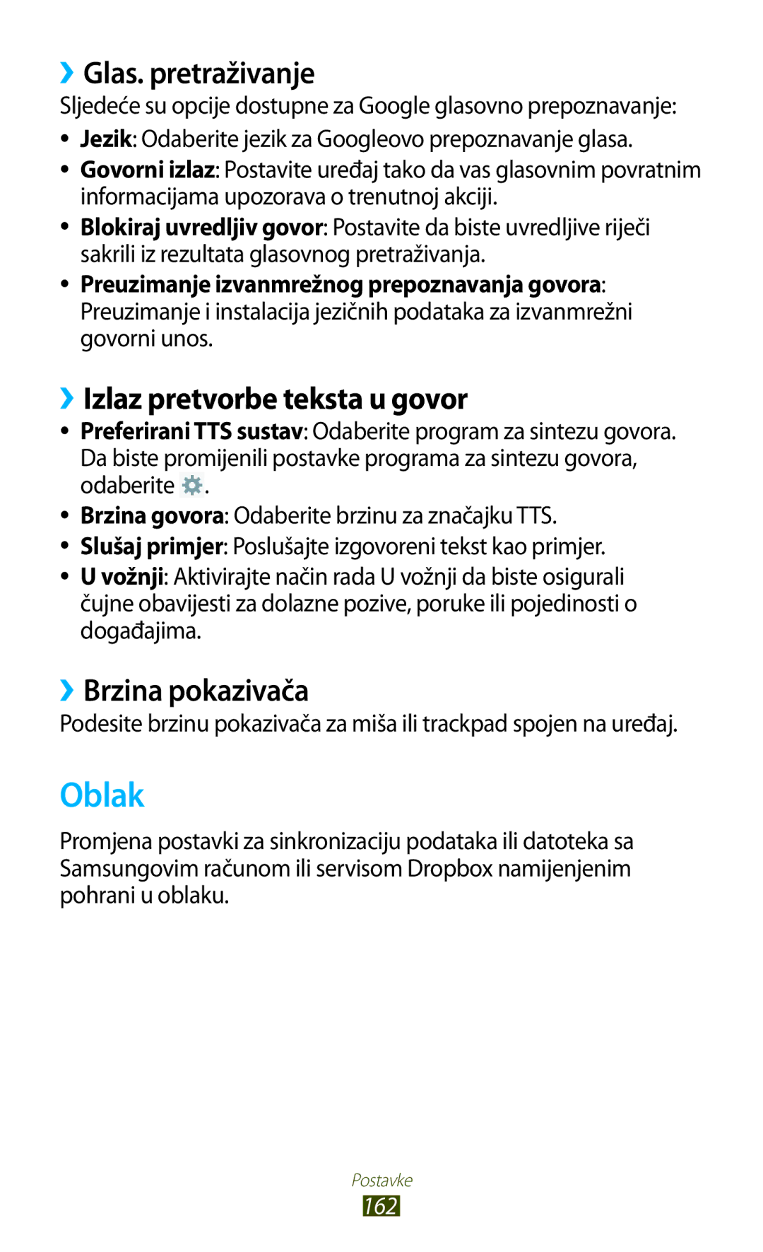 Samsung GT-N8020EAAVIP manual Oblak, ››Glas. pretraživanje, ››Izlaz pretvorbe teksta u govor, ››Brzina pokazivača, 162 