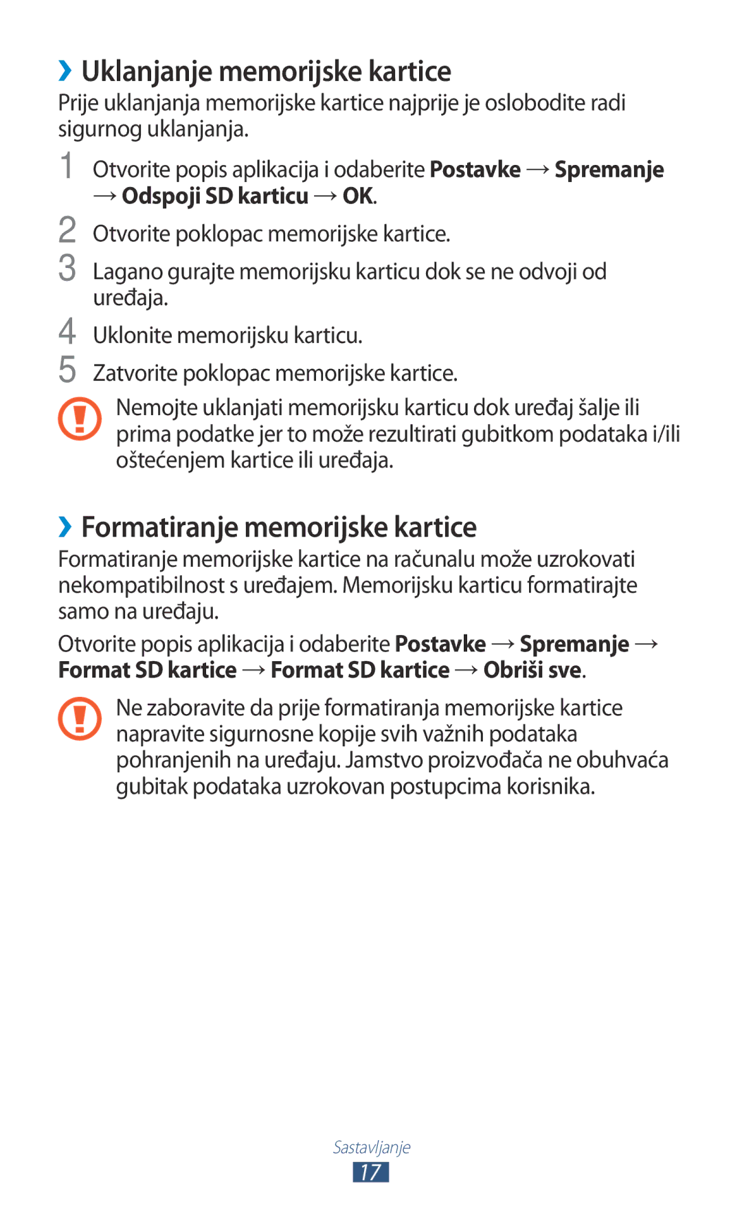 Samsung GT-N8020EAACRO, GT-N8020EAAVIP manual ››Uklanjanje memorijske kartice, ››Formatiranje memorijske kartice 