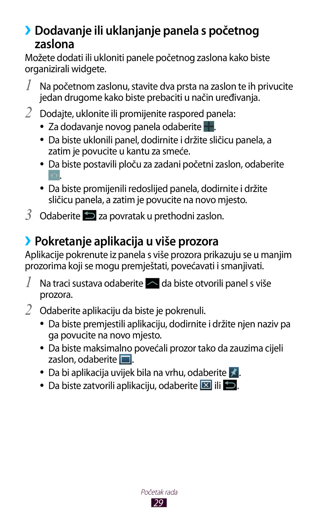 Samsung GT-N8020EAACRO manual ››Dodavanje ili uklanjanje panela s početnog zaslona, ››Pokretanje aplikacija u više prozora 