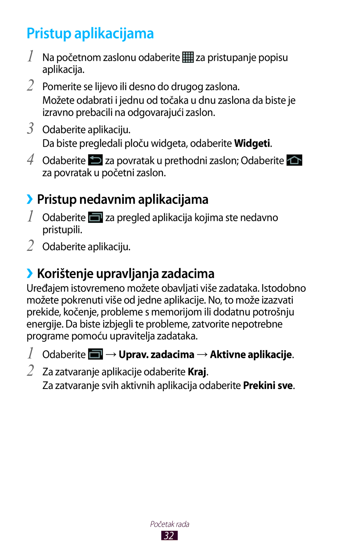 Samsung GT-N8020EAAVIP manual Pristup aplikacijama, ››Pristup nedavnim aplikacijama, ››Korištenje upravljanja zadacima 