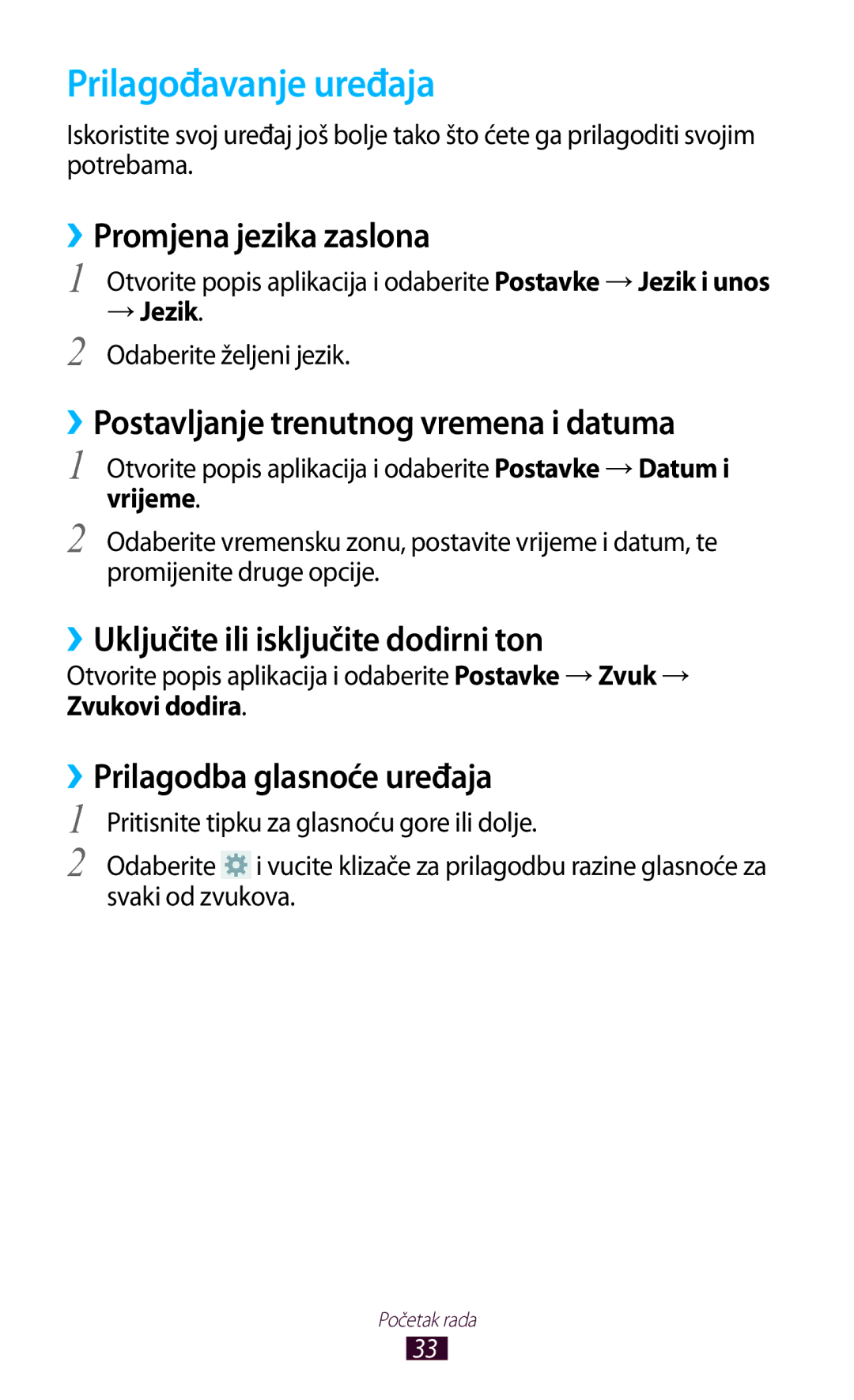 Samsung GT-N8020EAACRO manual Prilagođavanje uređaja, ››Promjena jezika zaslona, ››Postavljanje trenutnog vremena i datuma 