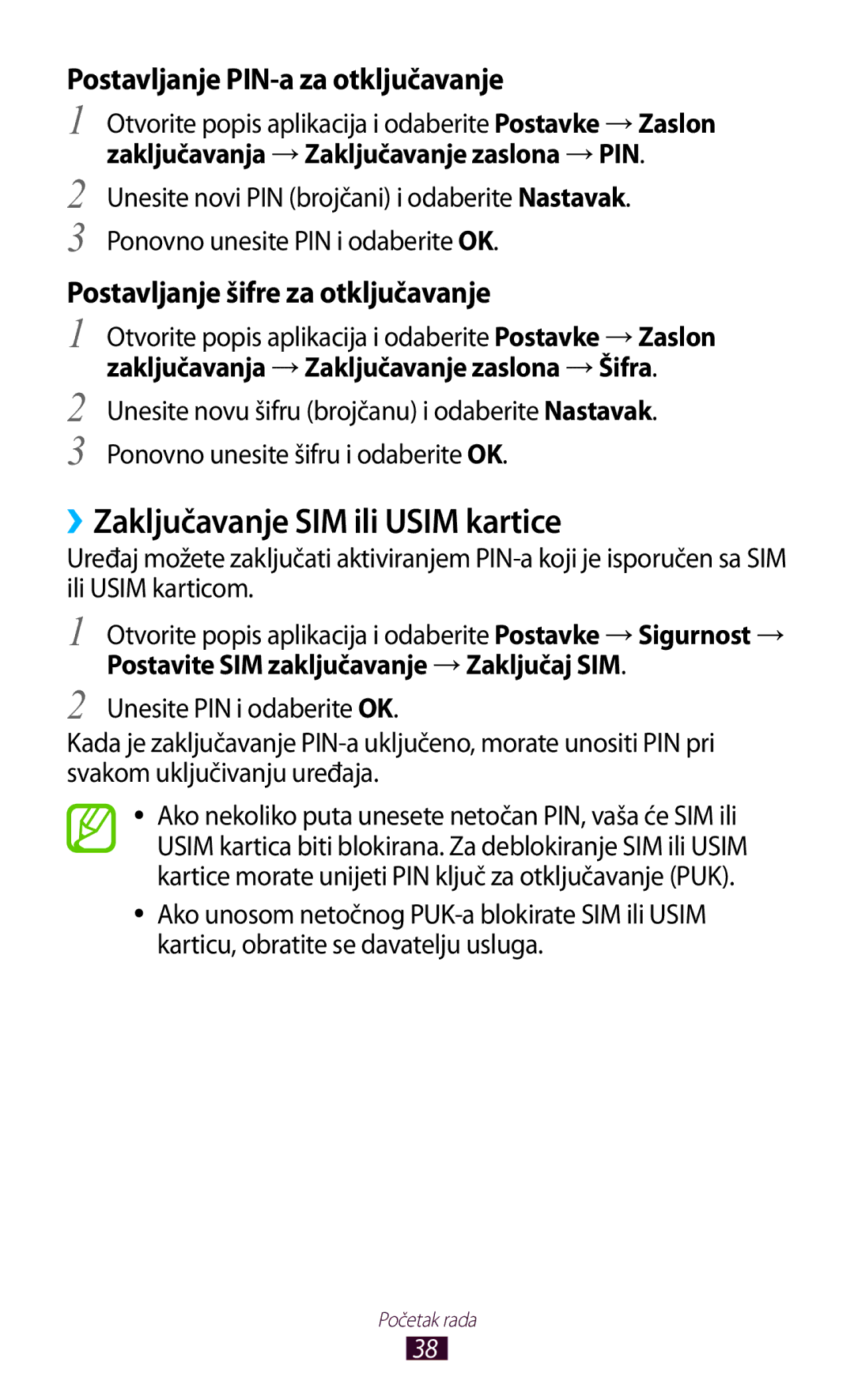 Samsung GT-N8020EAAVIP, GT-N8020EAACRO manual ››Zaključavanje SIM ili Usim kartice, Postavljanje PIN-a za otključavanje 