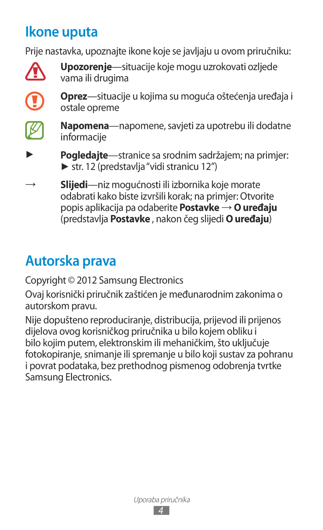 Samsung GT-N8020EAAVIP, GT-N8020EAACRO manual Ikone uputa, Autorska prava 