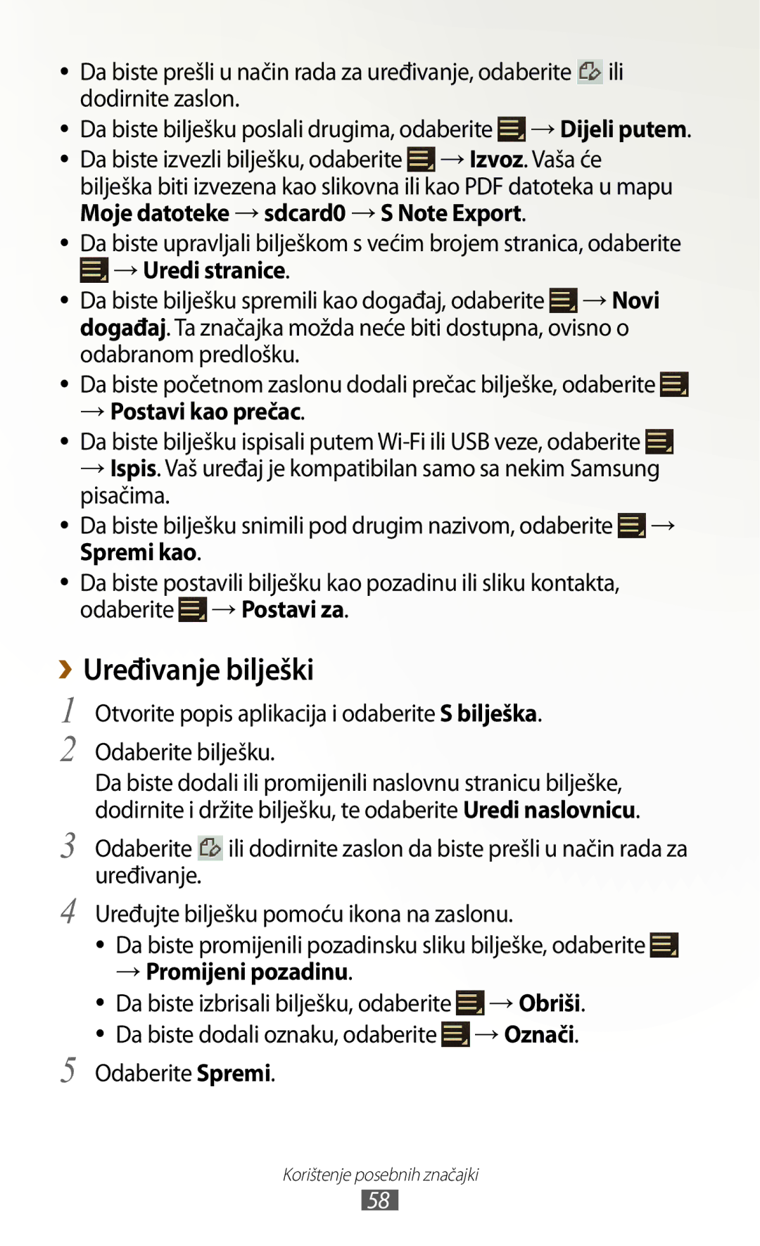 Samsung GT-N8020EAAVIP, GT-N8020EAACRO ››Uređivanje bilješki, → Postavi kao prečac, → Promijeni pozadinu, Odaberite Spremi 