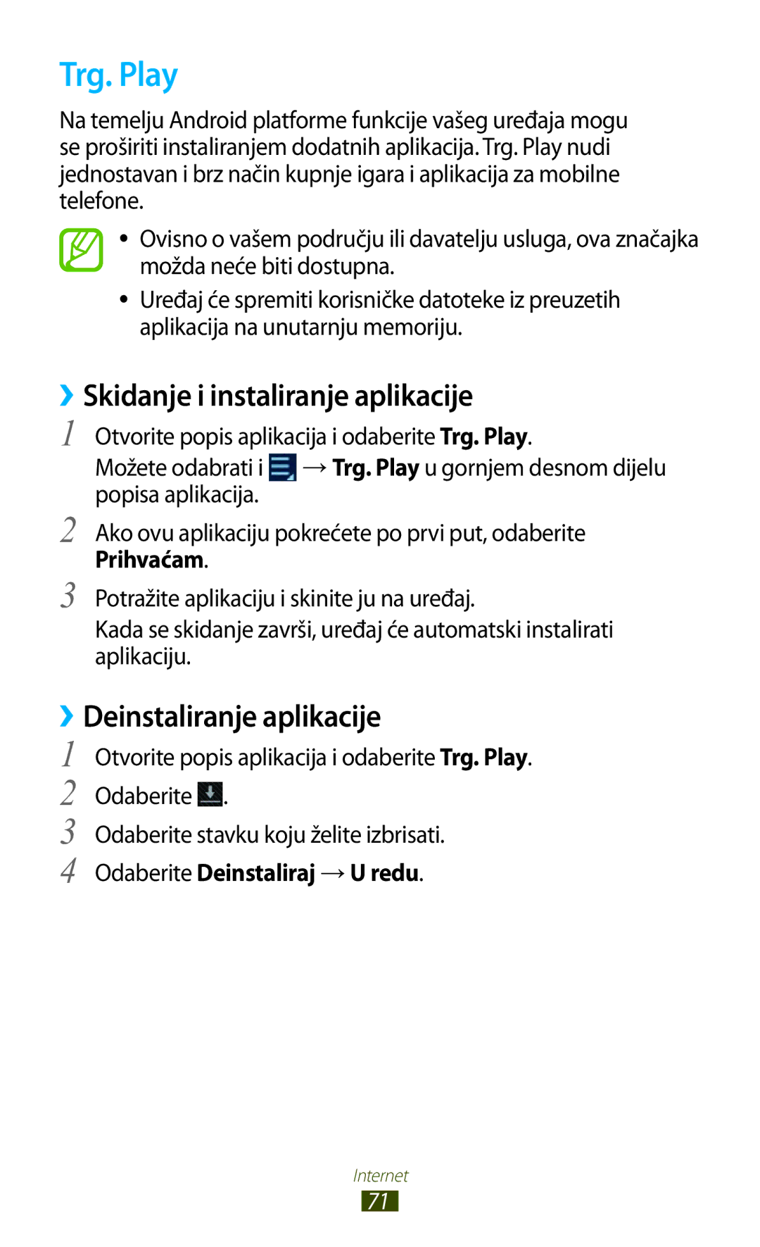 Samsung GT-N8020EAACRO, GT-N8020EAAVIP manual Trg. Play, ››Skidanje i instaliranje aplikacije, ››Deinstaliranje aplikacije 