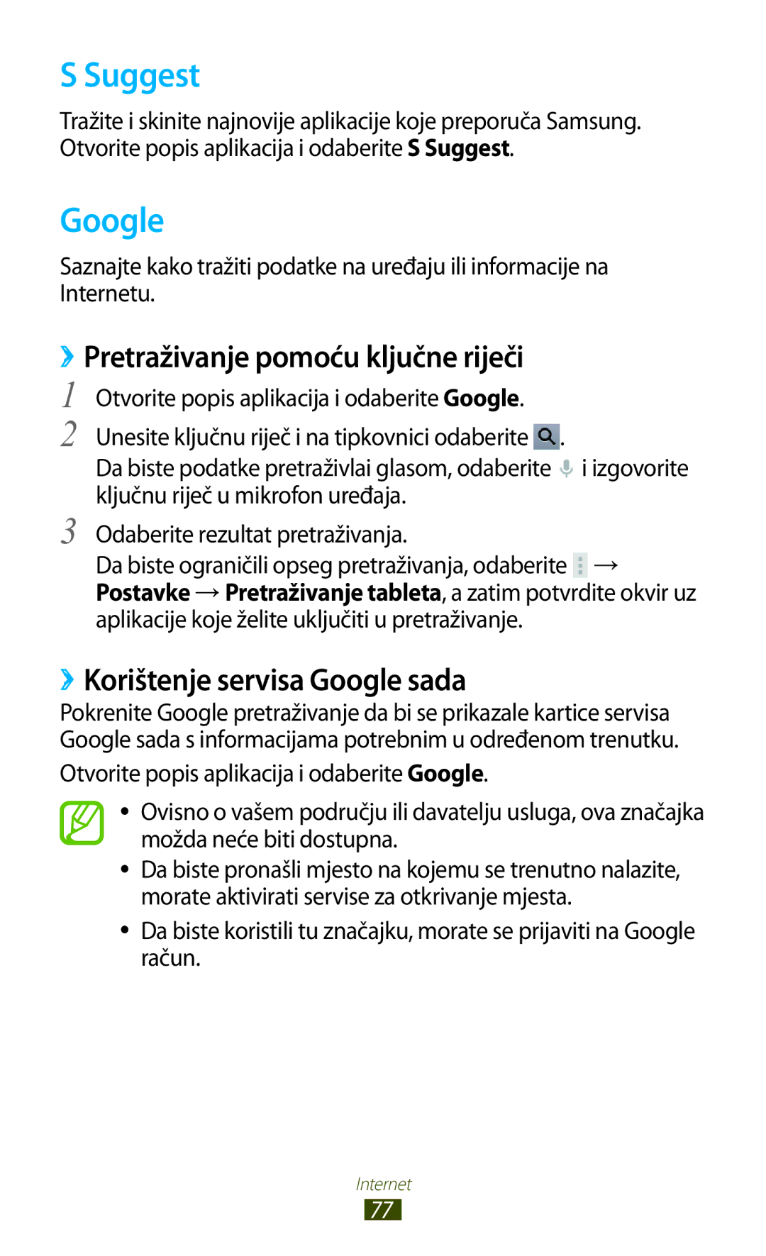 Samsung GT-N8020EAACRO manual Suggest, ››Pretraživanje pomoću ključne riječi, ››Korištenje servisa Google sada 