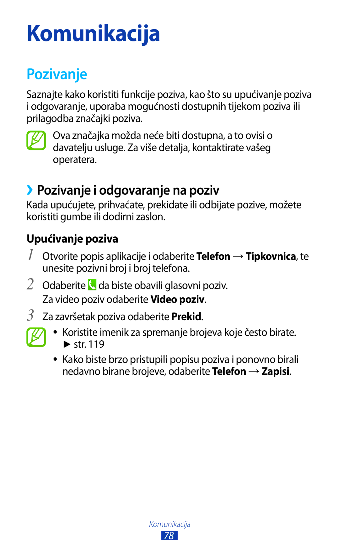 Samsung GT-N8020EAAVIP, GT-N8020EAACRO manual ››Pozivanje i odgovaranje na poziv, Upućivanje poziva 