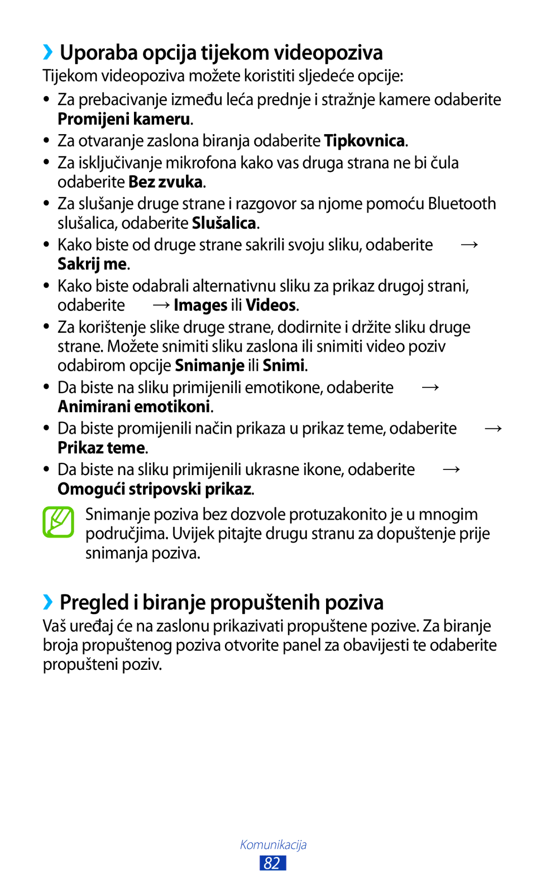 Samsung GT-N8020EAAVIP manual ››Uporaba opcija tijekom videopoziva, ››Pregled i biranje propuštenih poziva, Sakrij me 