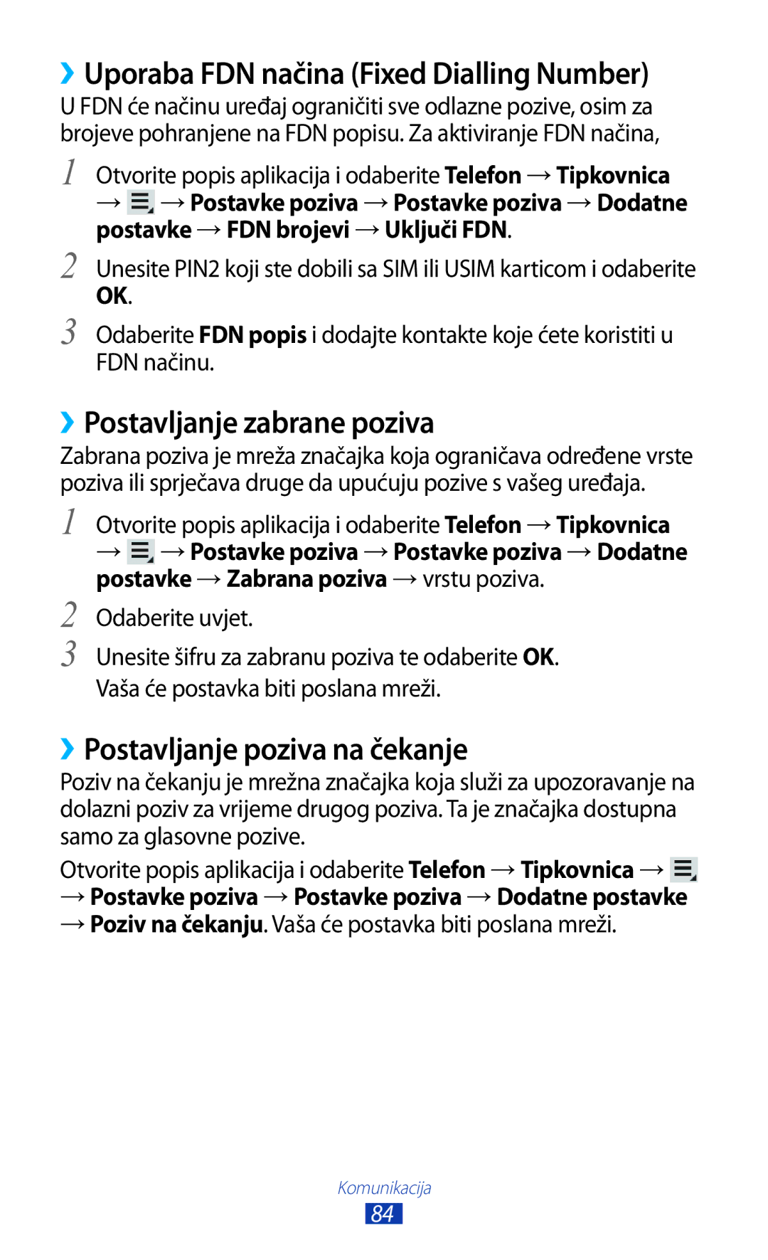 Samsung GT-N8020EAAVIP, GT-N8020EAACRO manual ››Uporaba FDN načina Fixed Dialling Number, ››Postavljanje zabrane poziva 