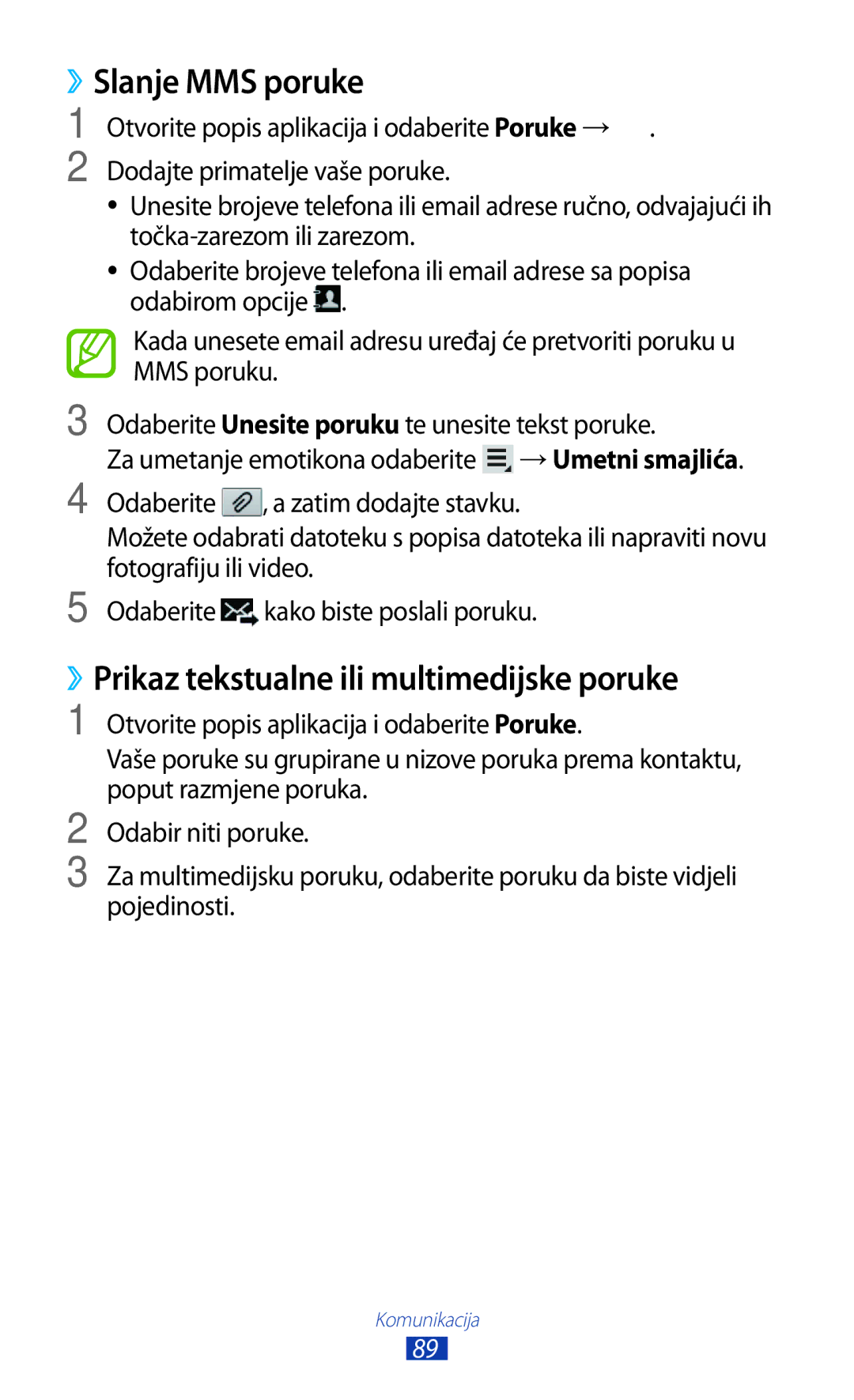 Samsung GT-N8020EAACRO, GT-N8020EAAVIP manual ››Slanje MMS poruke, ››Prikaz tekstualne ili multimedijske poruke 