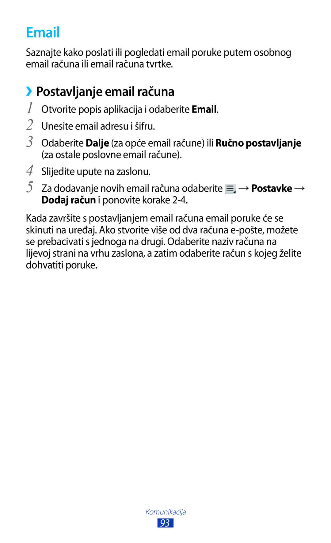 Samsung GT-N8020EAACRO Postavljanje email računa, Otvorite popis aplikacija i odaberite Email, Slijedite upute na zaslonu 