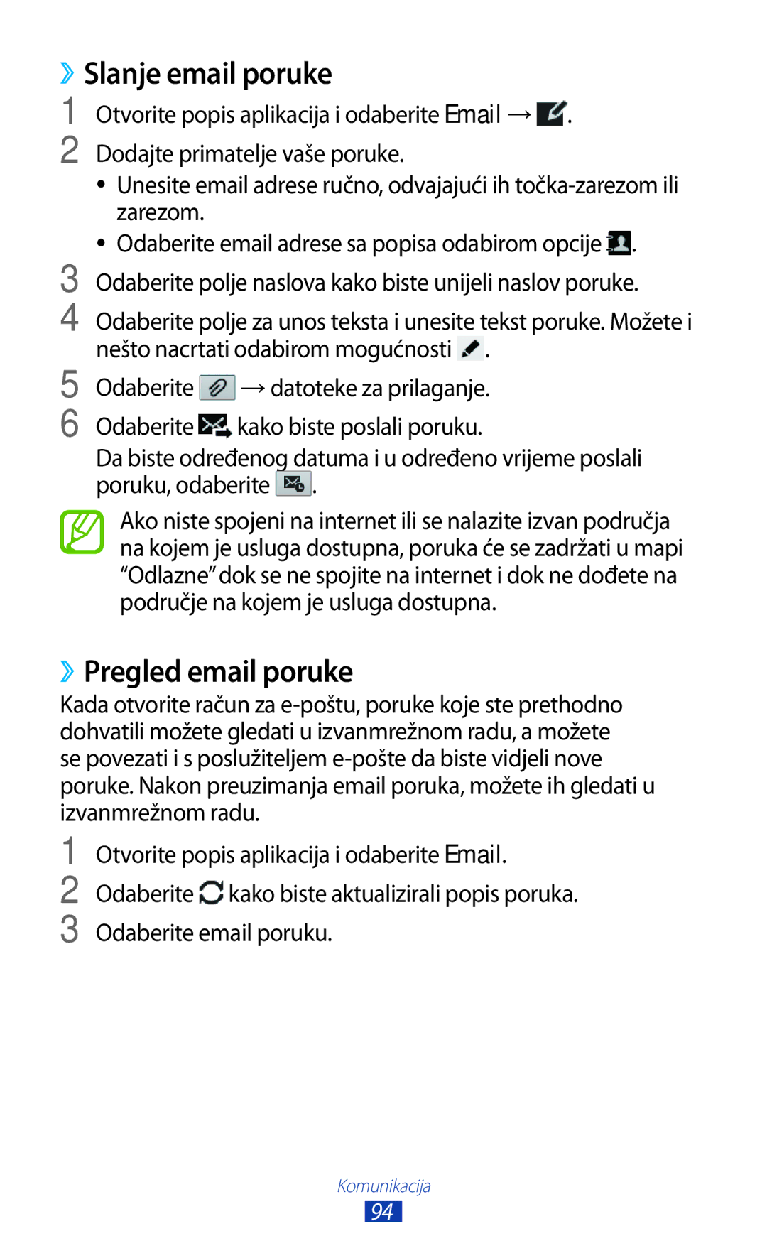 Samsung GT-N8020EAAVIP, GT-N8020EAACRO manual ››Slanje email poruke, ››Pregled email poruke 
