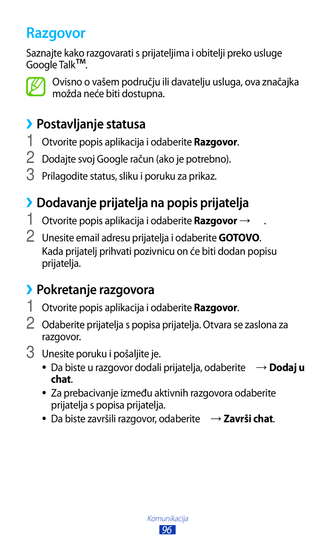 Samsung GT-N8020EAAVIP, GT-N8020EAACRO manual Razgovor, ››Postavljanje statusa, ››Dodavanje prijatelja na popis prijatelja 