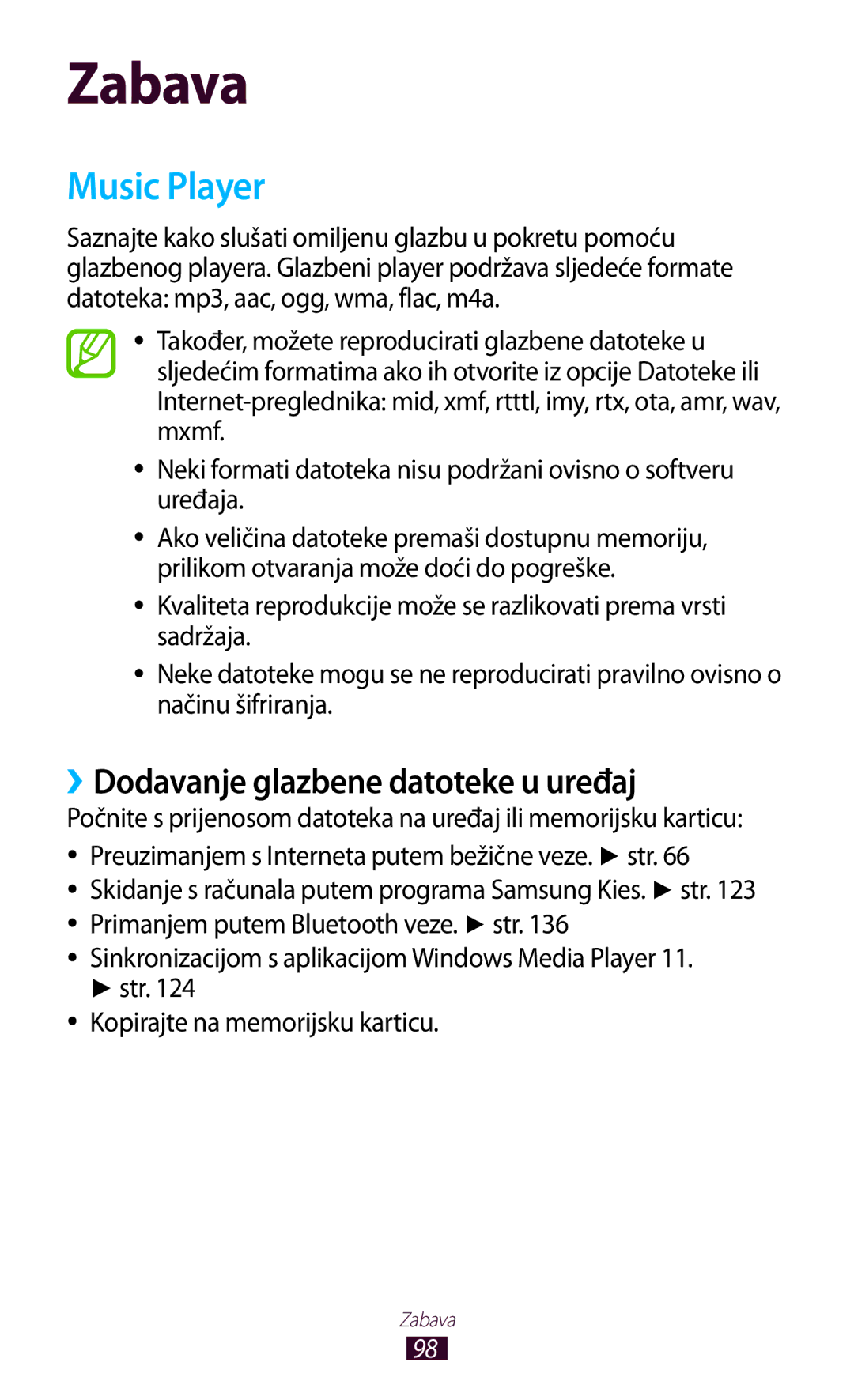 Samsung GT-N8020EAAVIP, GT-N8020EAACRO manual Music Player, ››Dodavanje glazbene datoteke u uređaj 