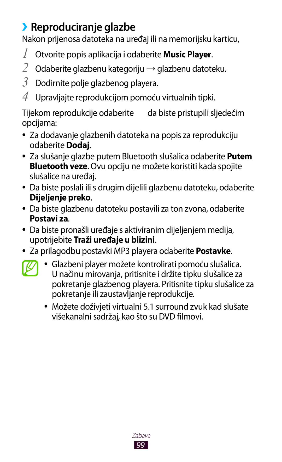 Samsung GT-N8020EAACRO manual ››Reproduciranje glazbe, Nakon prijenosa datoteka na uređaj ili na memorijsku karticu 