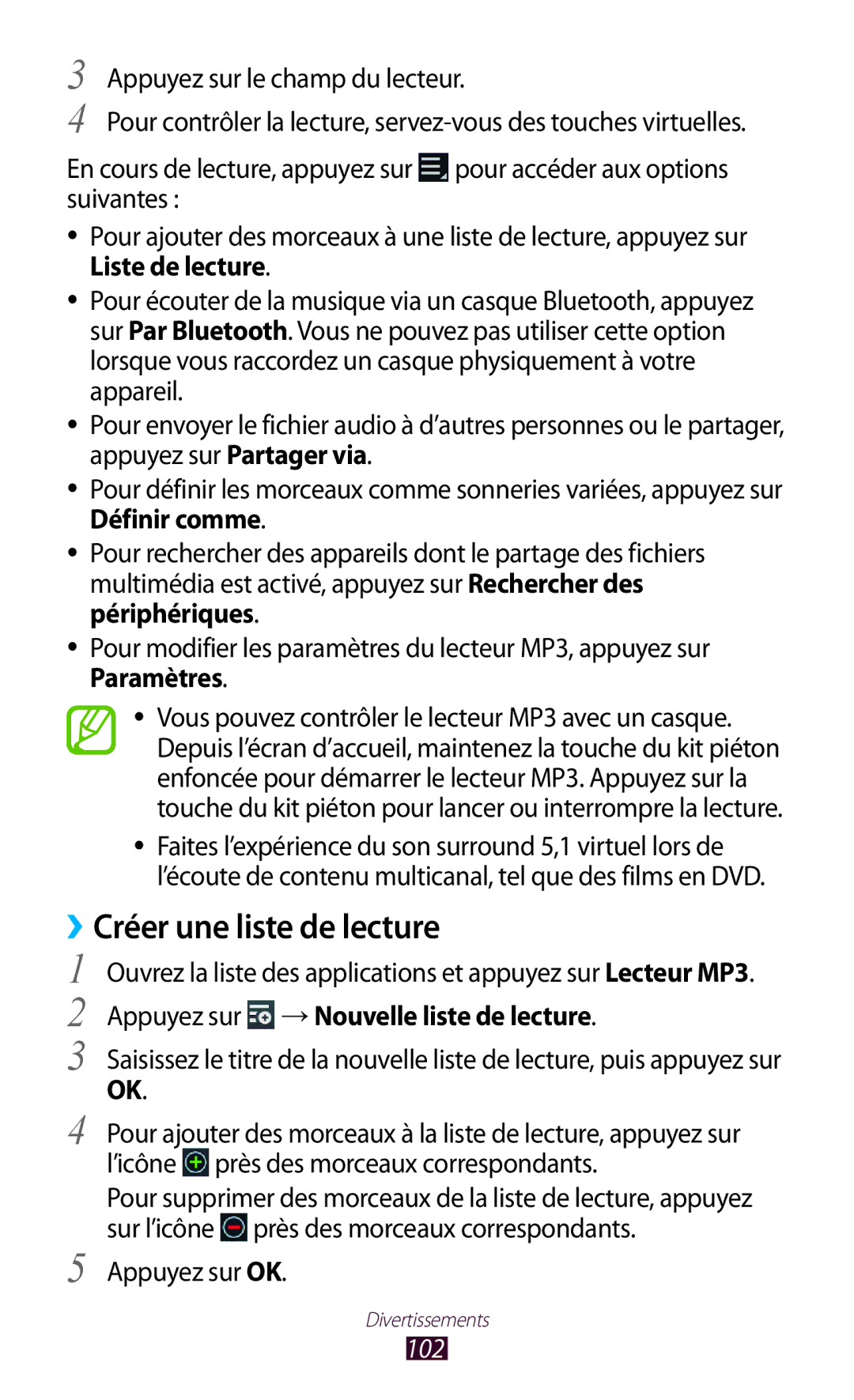 Samsung GT-N8020EAAXEF, GT-N8020EAASFR manual Créer une liste de lecture, Appuyez sur →Nouvelle liste de lecture, 102 