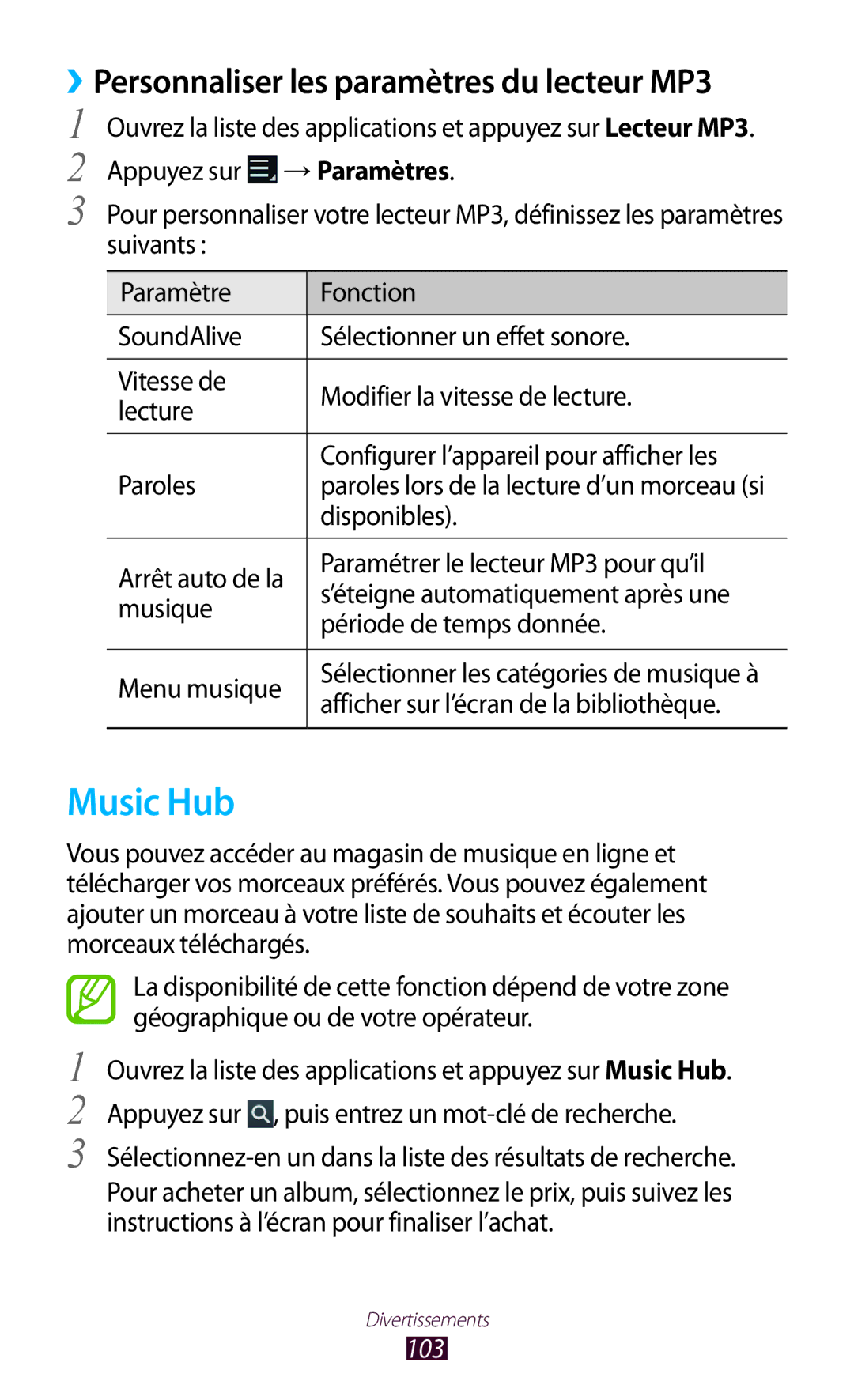 Samsung GT-N8020EAASFR, GT-N8020EAAXEF manual Music Hub, ››Personnaliser les paramètres du lecteur MP3, Disponibles, 103 