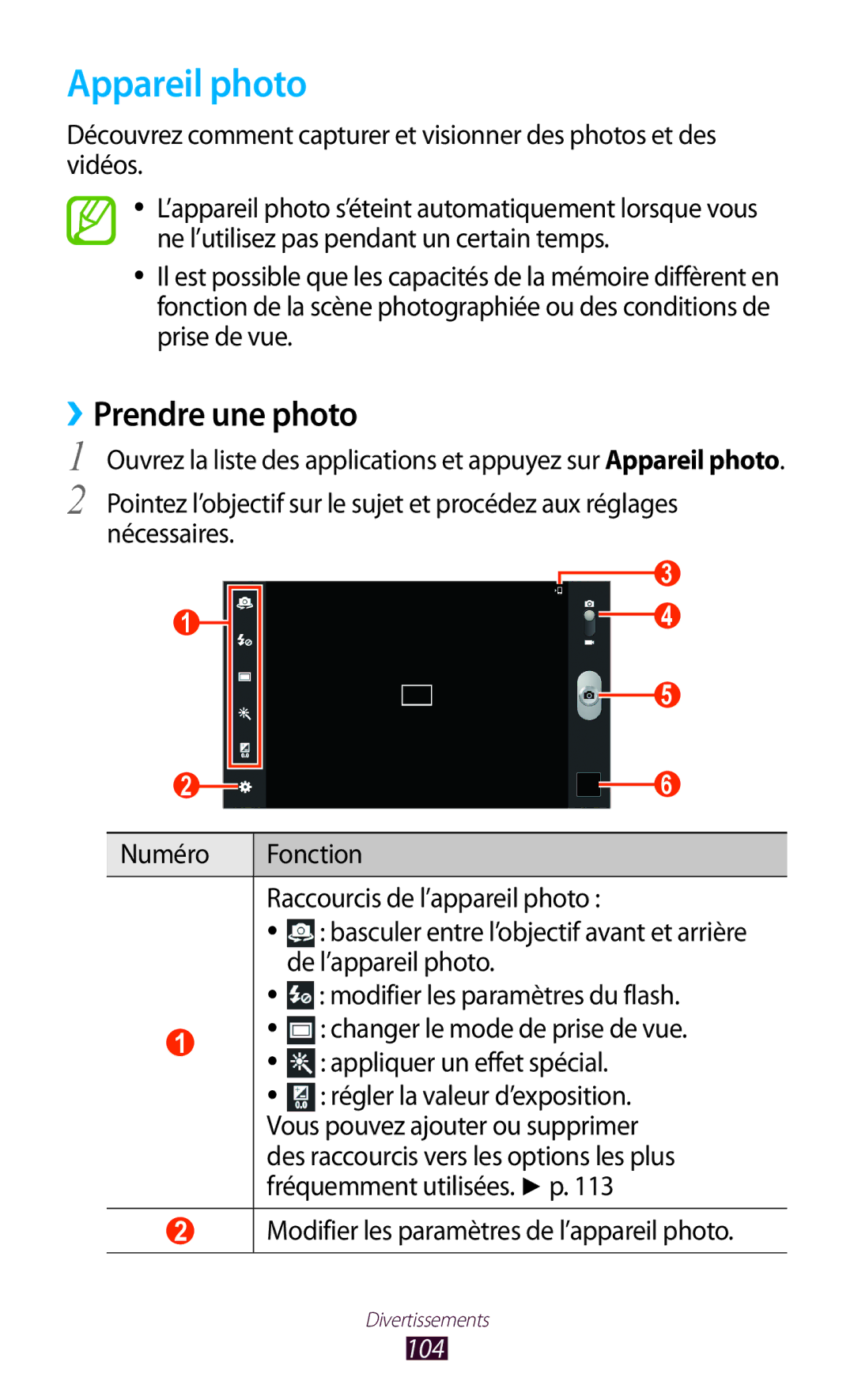 Samsung GT-N8020ZWAFTM, GT-N8020EAAXEF, GT-N8020EAASFR manual Appareil photo, ››Prendre une photo, 104 