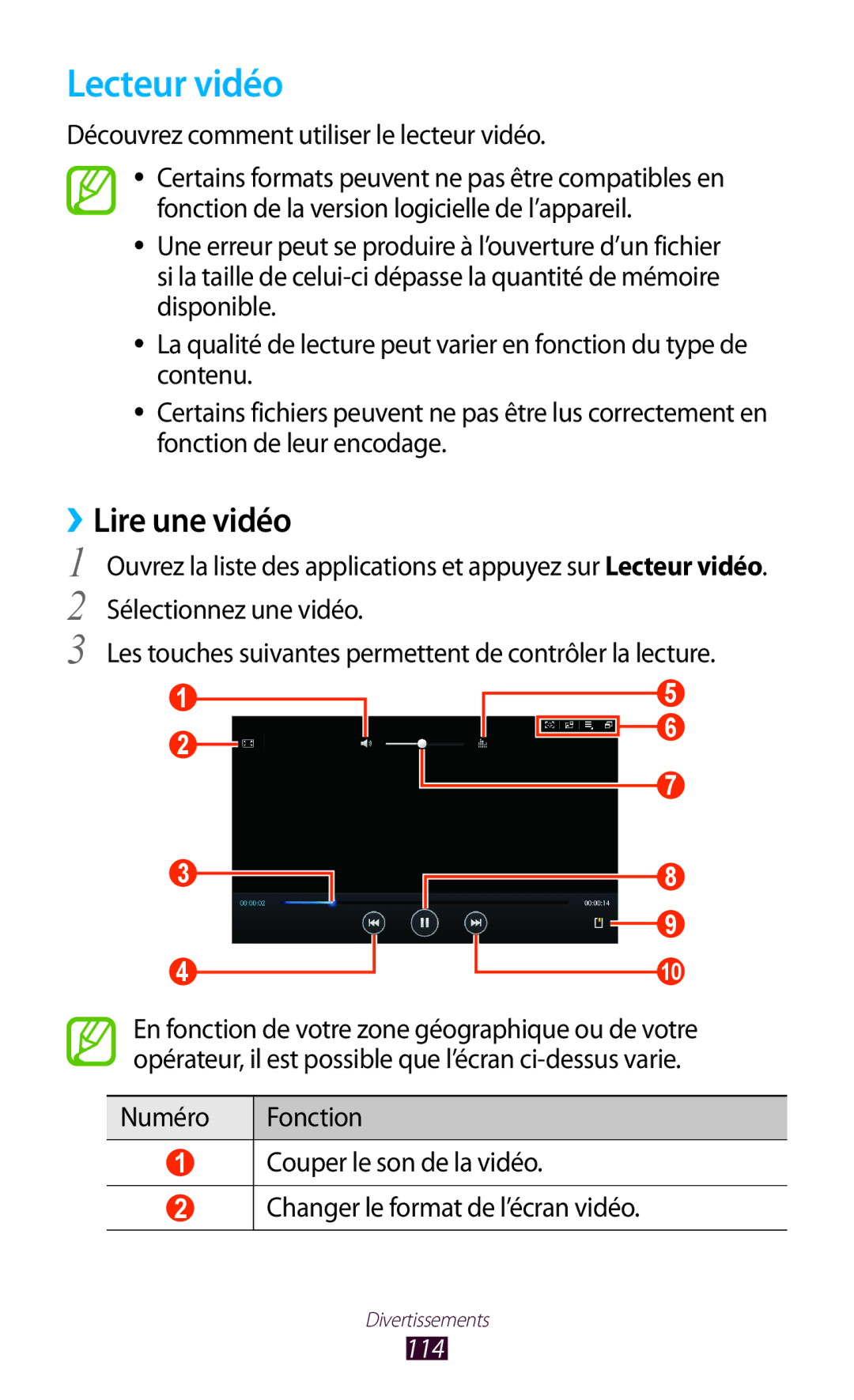 Samsung GT-N8020EAAXEF, GT-N8020EAASFR Lecteur vidéo, ››Lire une vidéo, Découvrez comment utiliser le lecteur vidéo, 114 