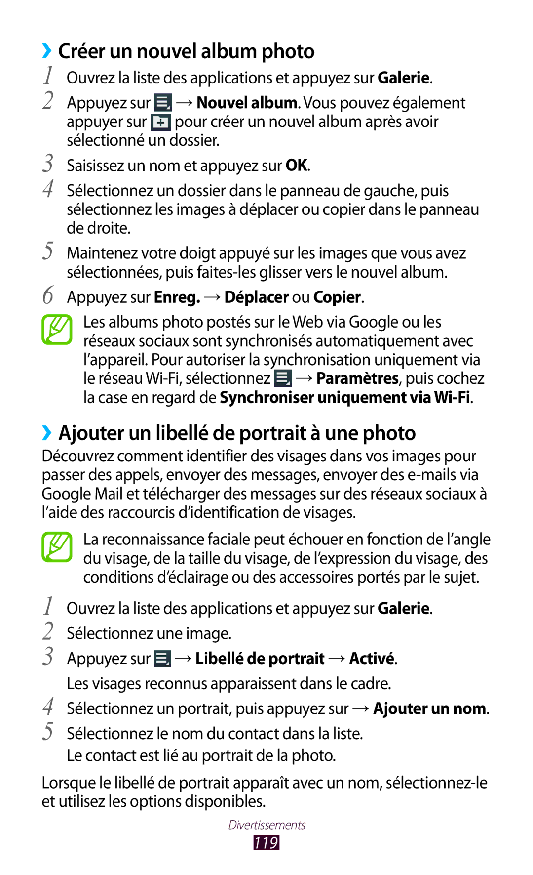 Samsung GT-N8020ZWAFTM, GT-N8020EAAXEF ››Créer un nouvel album photo, ››Ajouter un libellé de portrait à une photo, 119 