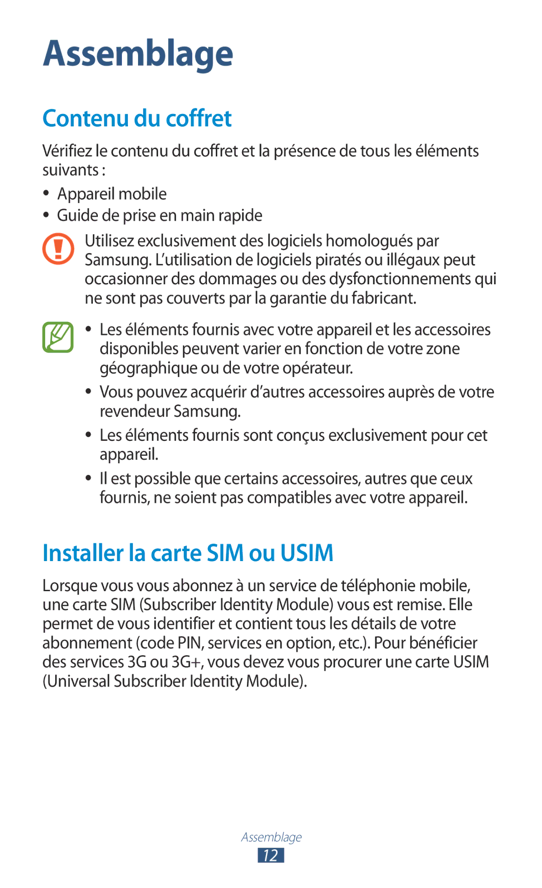 Samsung GT-N8020EAAXEF, GT-N8020EAASFR, GT-N8020ZWAFTM manual Contenu du coffret, Installer la carte SIM ou Usim 