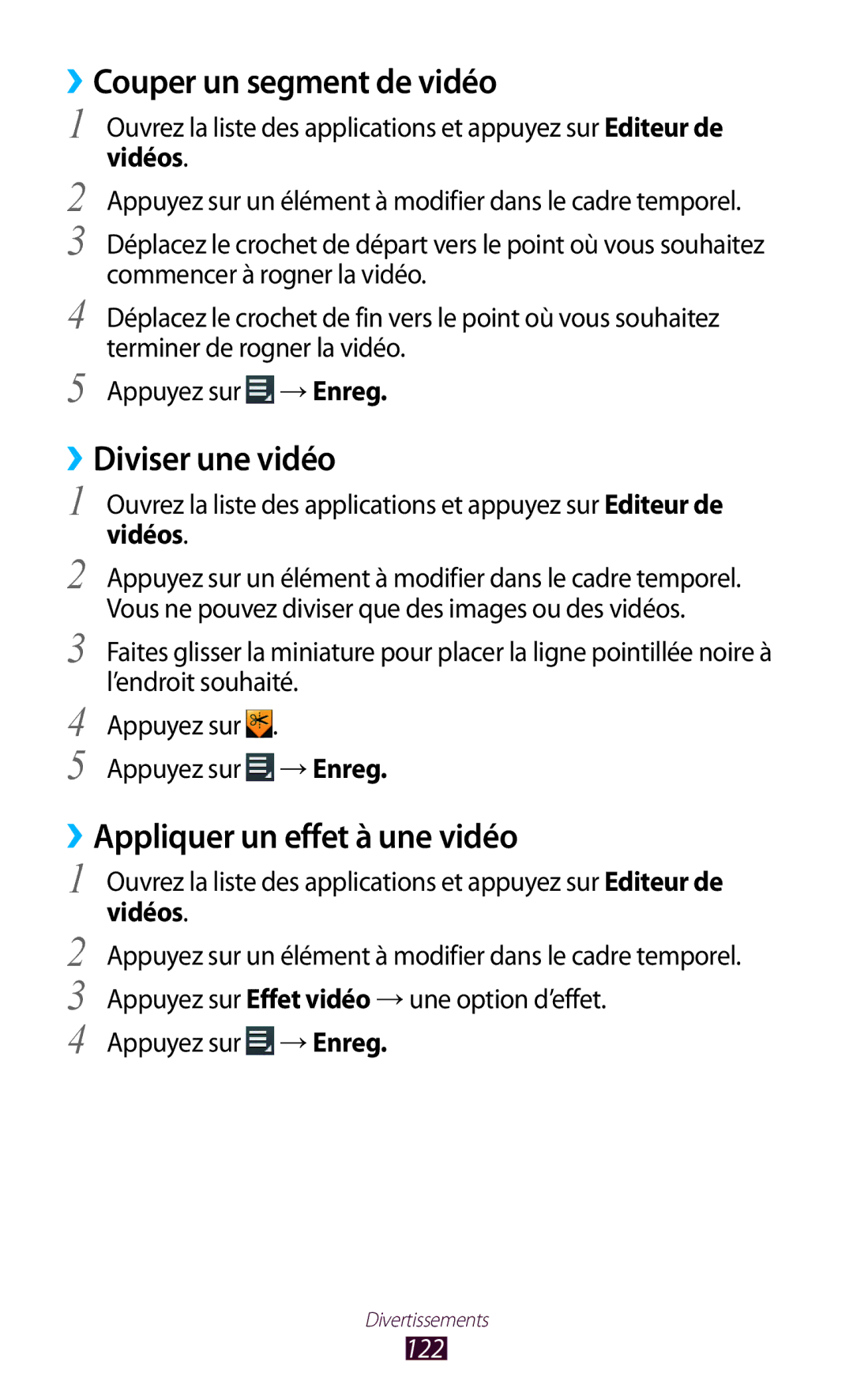 Samsung GT-N8020ZWAFTM manual ››Couper un segment de vidéo, ››Diviser une vidéo, ››Appliquer un effet à une vidéo, 122 