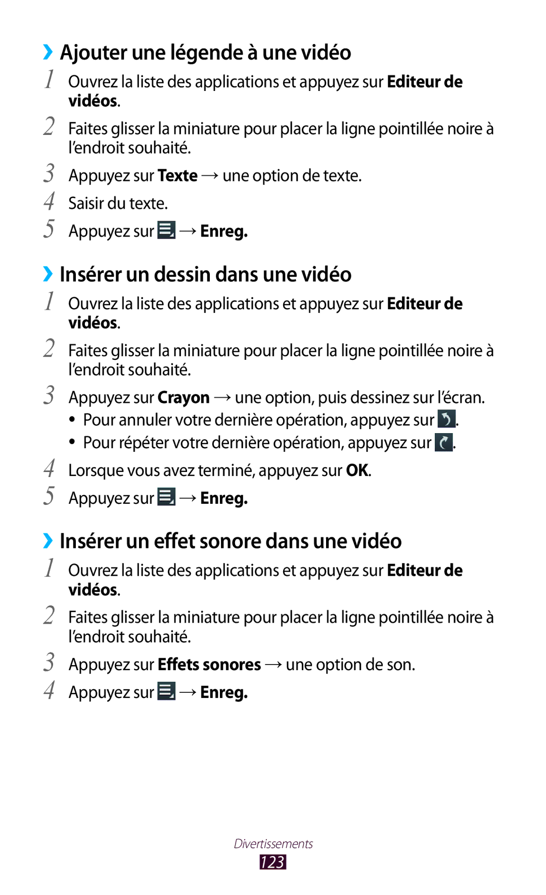 Samsung GT-N8020EAAXEF, GT-N8020EAASFR manual ››Ajouter une légende à une vidéo, ››Insérer un dessin dans une vidéo, 123 