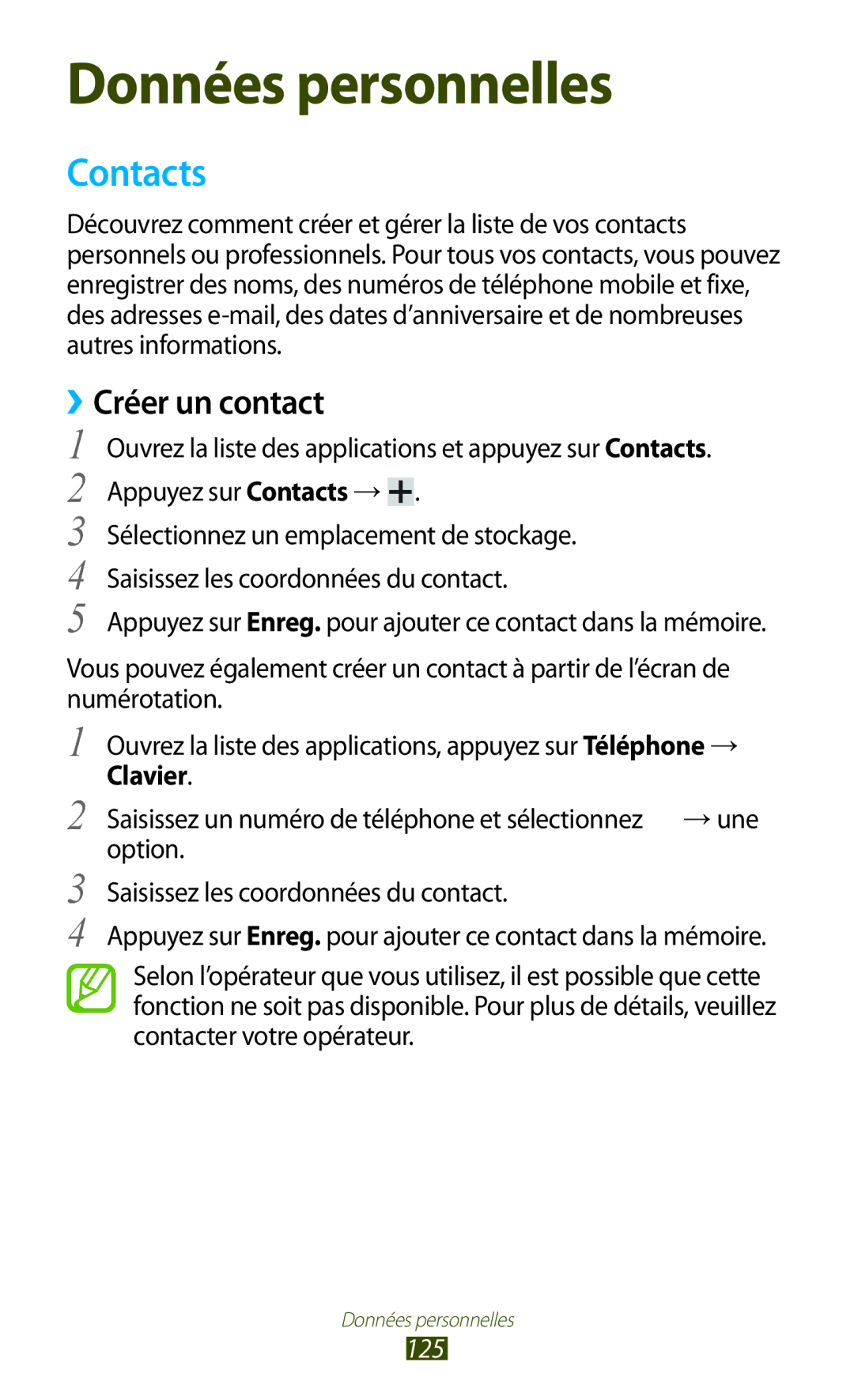 Samsung GT-N8020ZWAFTM, GT-N8020EAAXEF, GT-N8020EAASFR manual Contacts, ››Créer un contact, Clavier, 125 