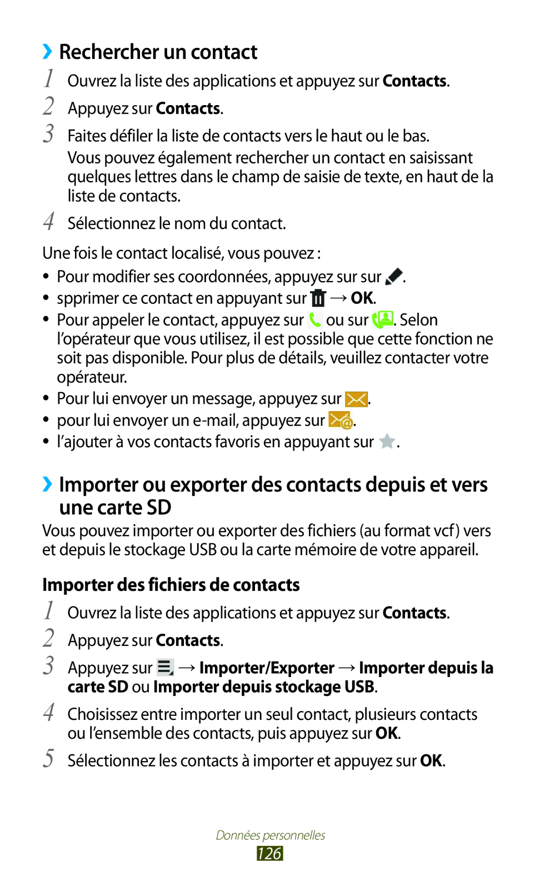 Samsung GT-N8020EAAXEF, GT-N8020EAASFR, GT-N8020ZWAFTM manual ››Rechercher un contact, Importer des fichiers de contacts, 126 