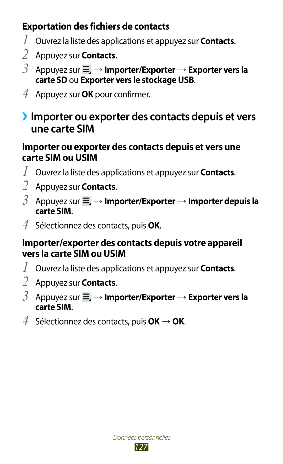 Samsung GT-N8020EAASFR manual Exportation des fichiers de contacts, Carte SD ou Exporter vers le stockage USB, 127 