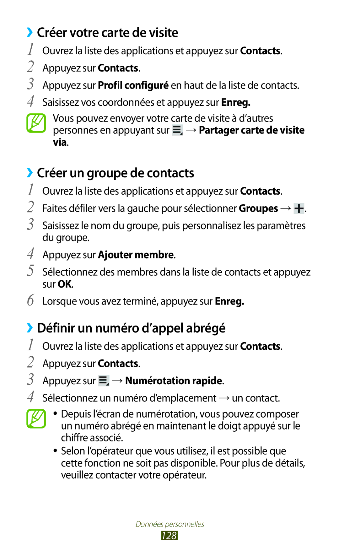 Samsung GT-N8020ZWAFTM ››Créer votre carte de visite, ››Créer un groupe de contacts, ››Définir un numéro d’appel abrégé 